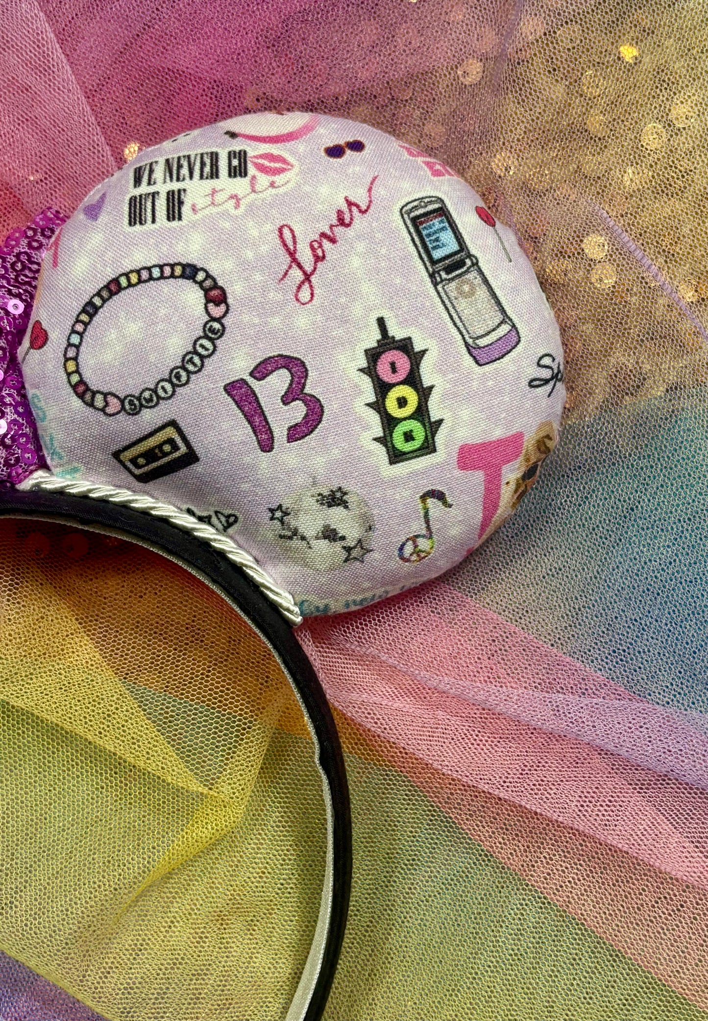 Lilac Taylor Swift Collage Mouse Ears – Handmade Disney-Inspired Headband with Purple Sequin Bow
