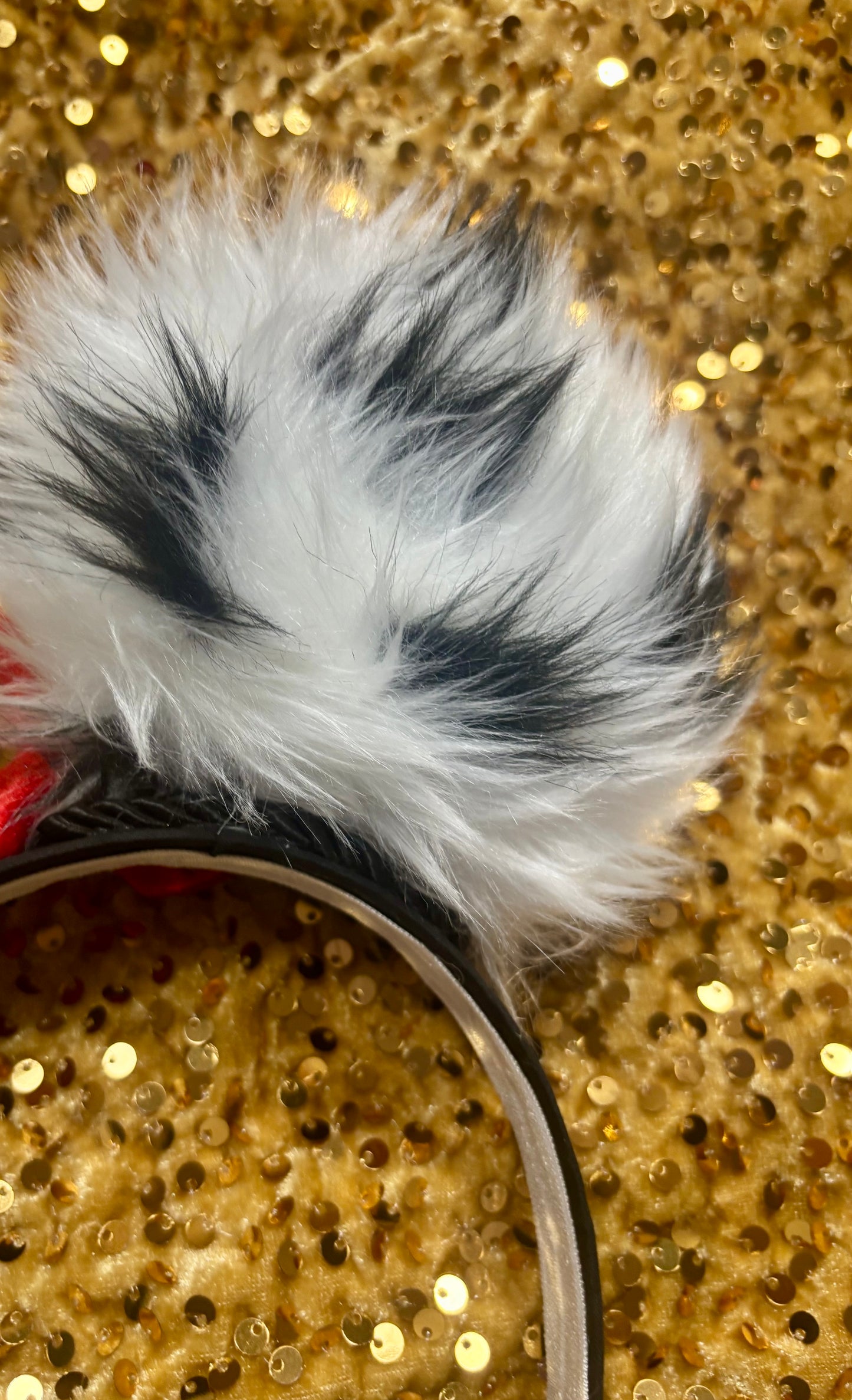 Cruella De Vil Inspired Mouse Ears | Black & White Faux Fur Red Bow Theme Park Headband