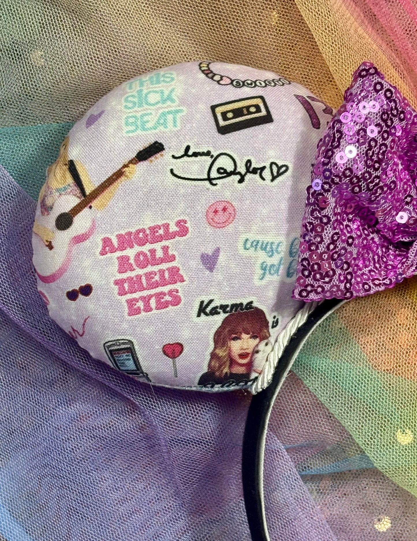 Lilac Taylor Swift Collage Mouse Ears – Handmade Disney-Inspired Headband with Purple Sequin Bow