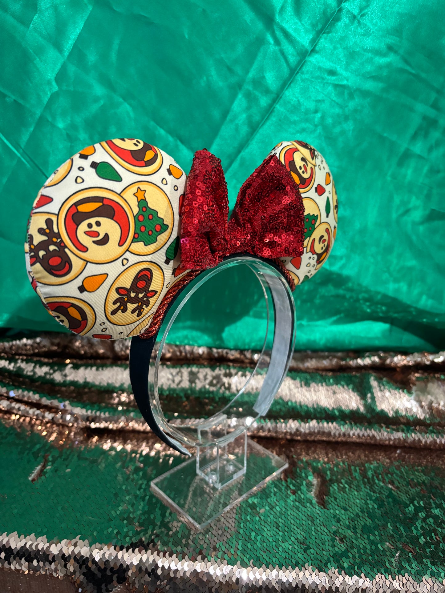 Sugar Cookie Mouse Ears – Handmade Disney-Inspired Christmas Headband with Red Sequin Bow.