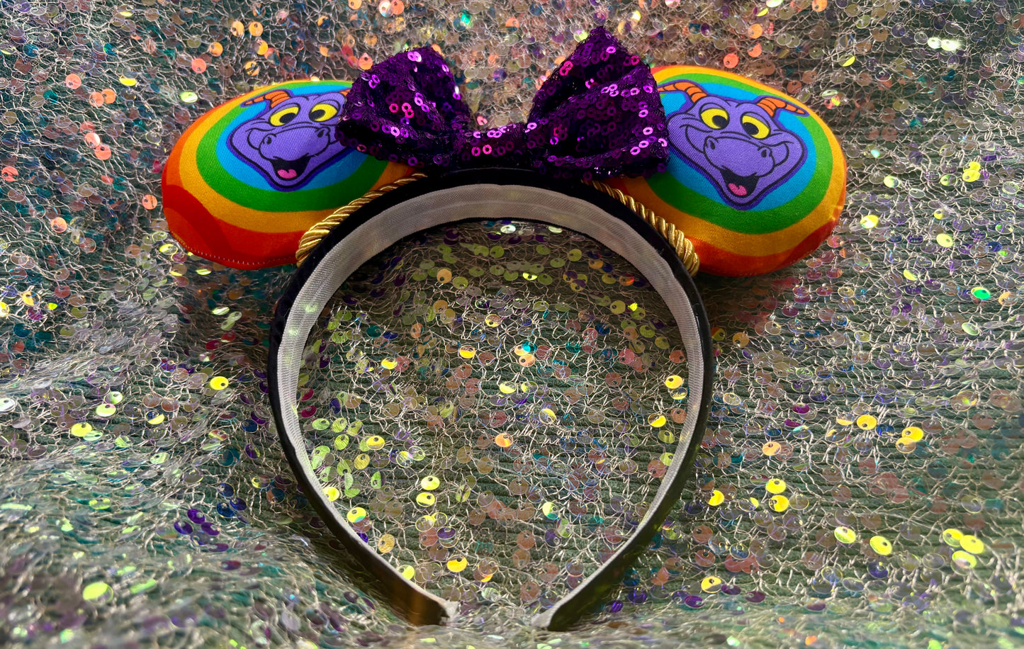 Figment Inspired Mouse Ears | Purple & Yellow Epcot Dragon Headband with Sequin Bow