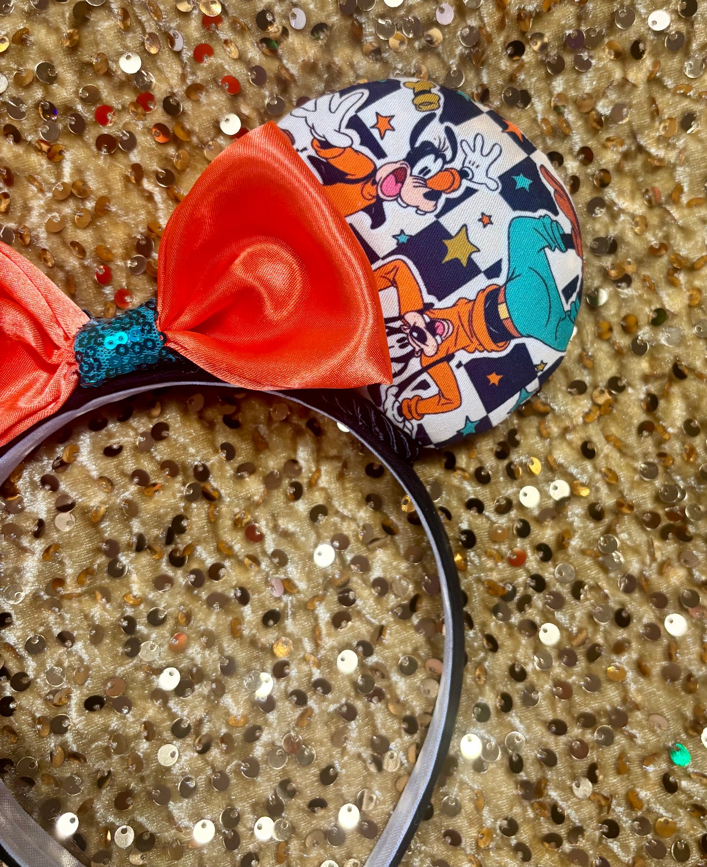 Goofy Mouse Ears | Classic Character Fabric Orange Satin & Turquoise Sequin Bow Headband