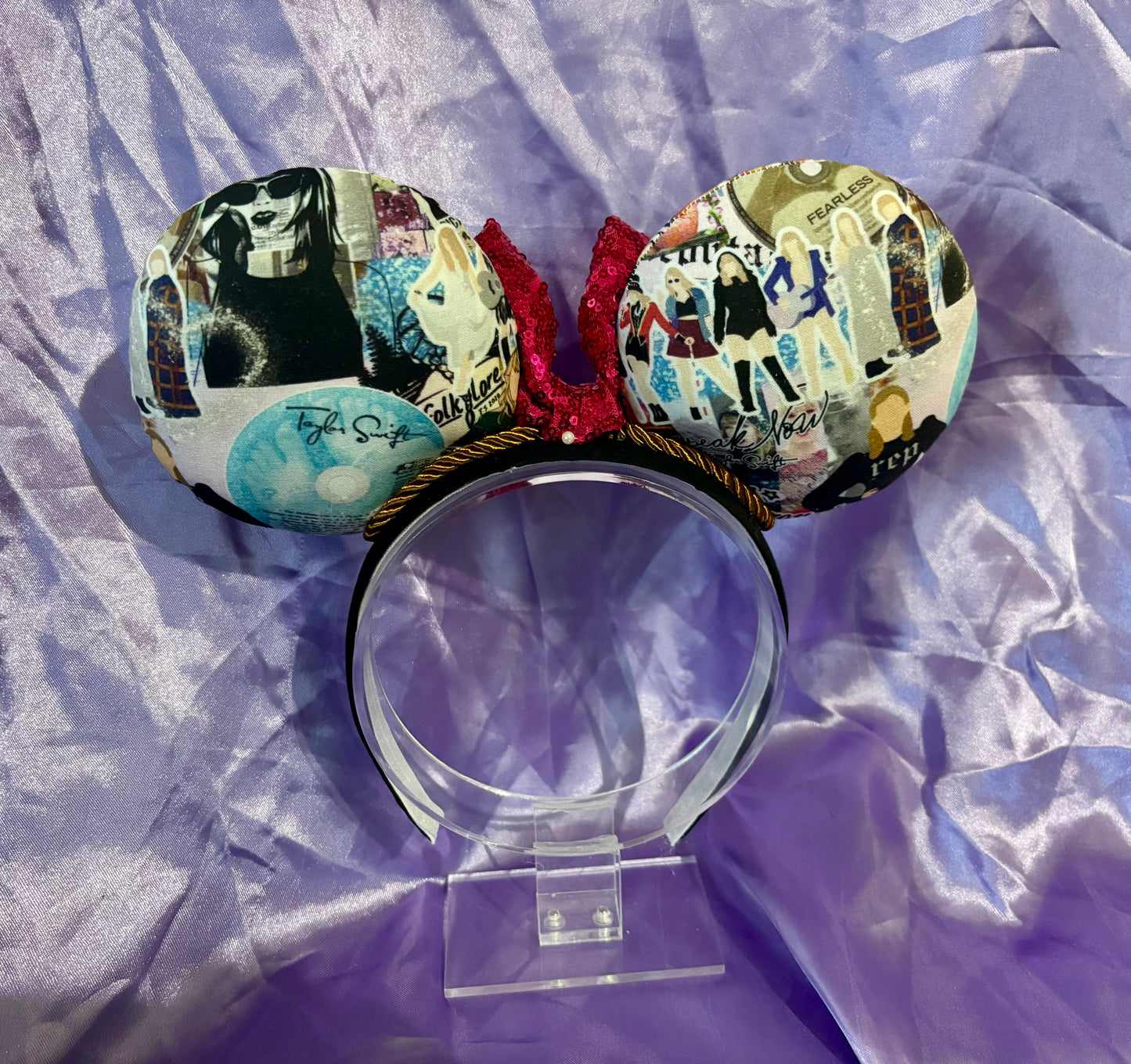 Cartoon Eras Mouse Ears – Taylor Swift Inspired Collage Handmade Disney Headband | Hot Pink Sequin Bow