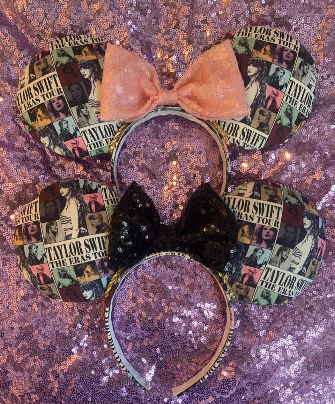 A pair of custom headbands featuring a black sequined bow on a purple sequined headband and a peach sequined bow on a beige and black newspaper collage headband, displayed on a purple sequined background.