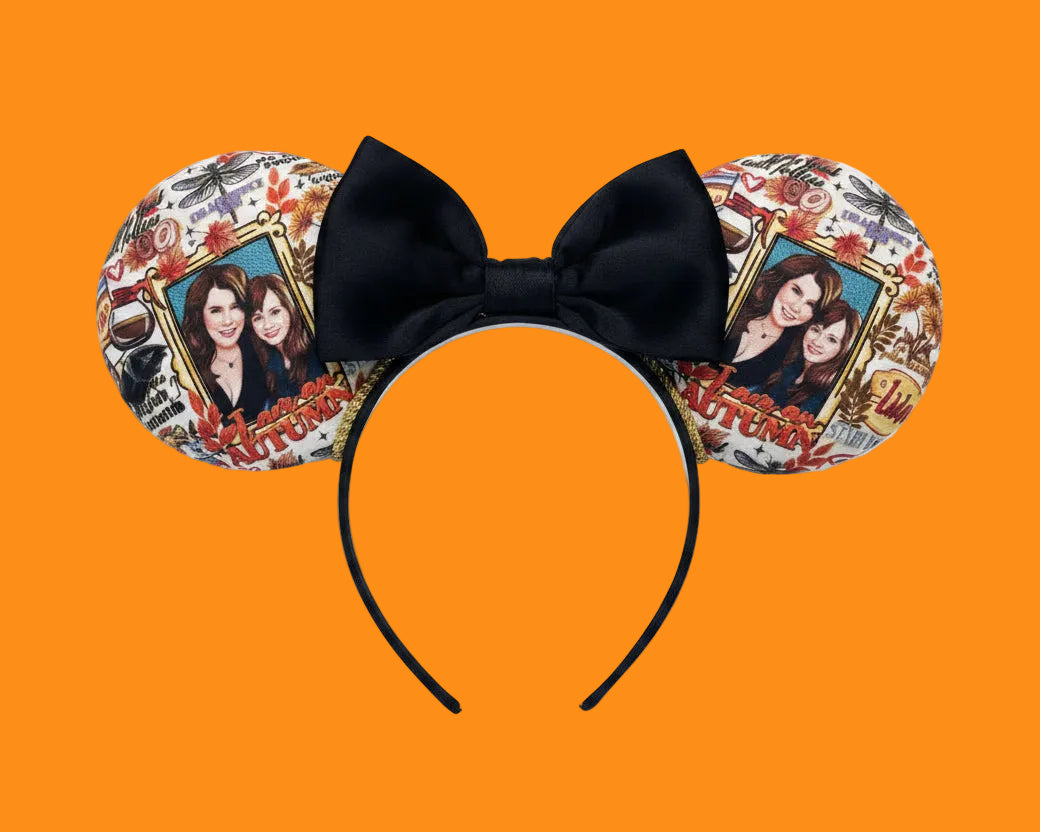 Handmade and ready to ship GG inspired mouse ears with the fabric on both the front and back showing Rory and Lorelai. On a black universal sized headband. The set has a BLACK VELVET bow, but you can request any sequin color in your order and I'll attach it.