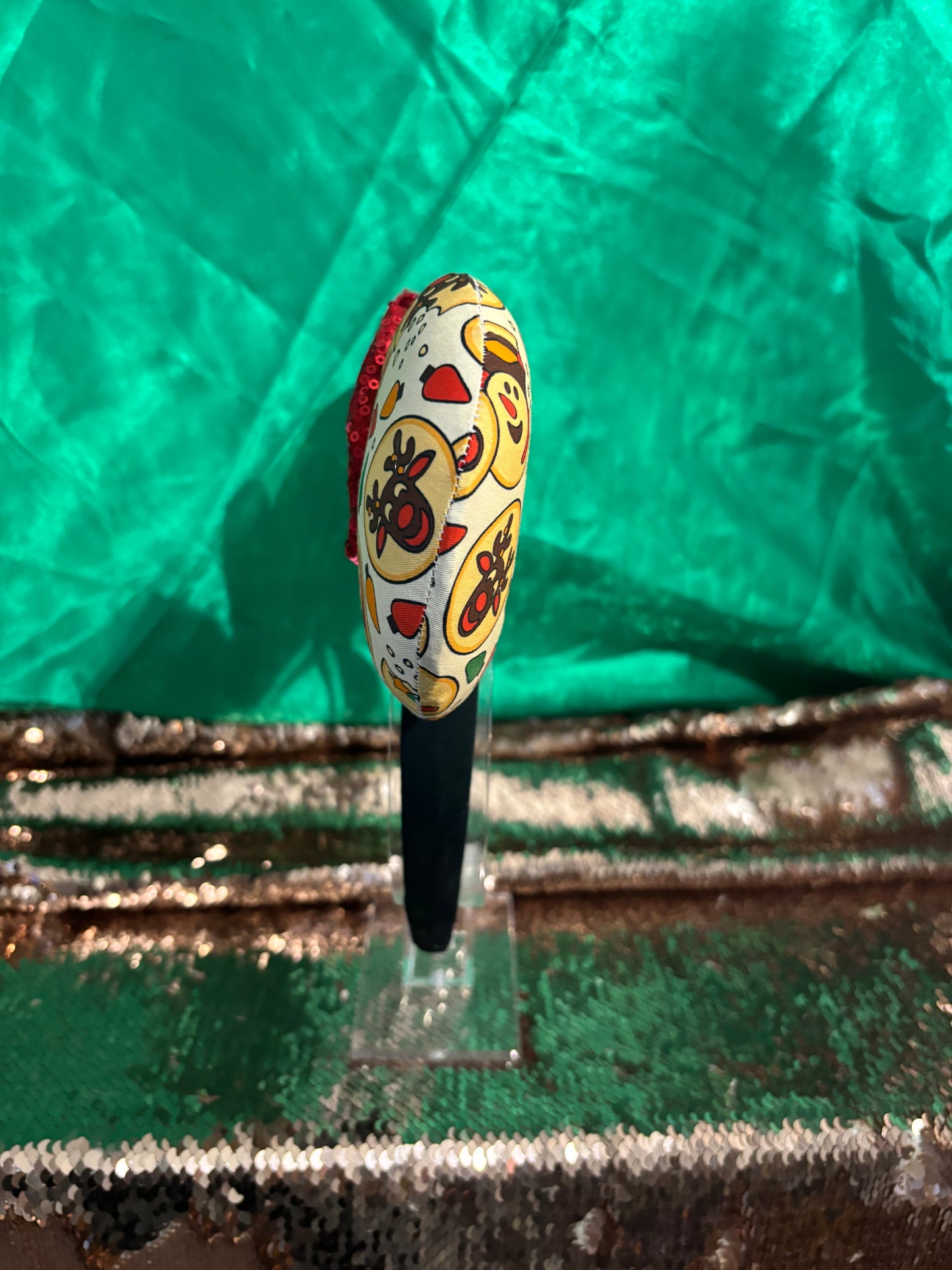 Sugar Cookie Mouse Ears – Handmade Disney-Inspired Christmas Headband with Red Sequin Bow.