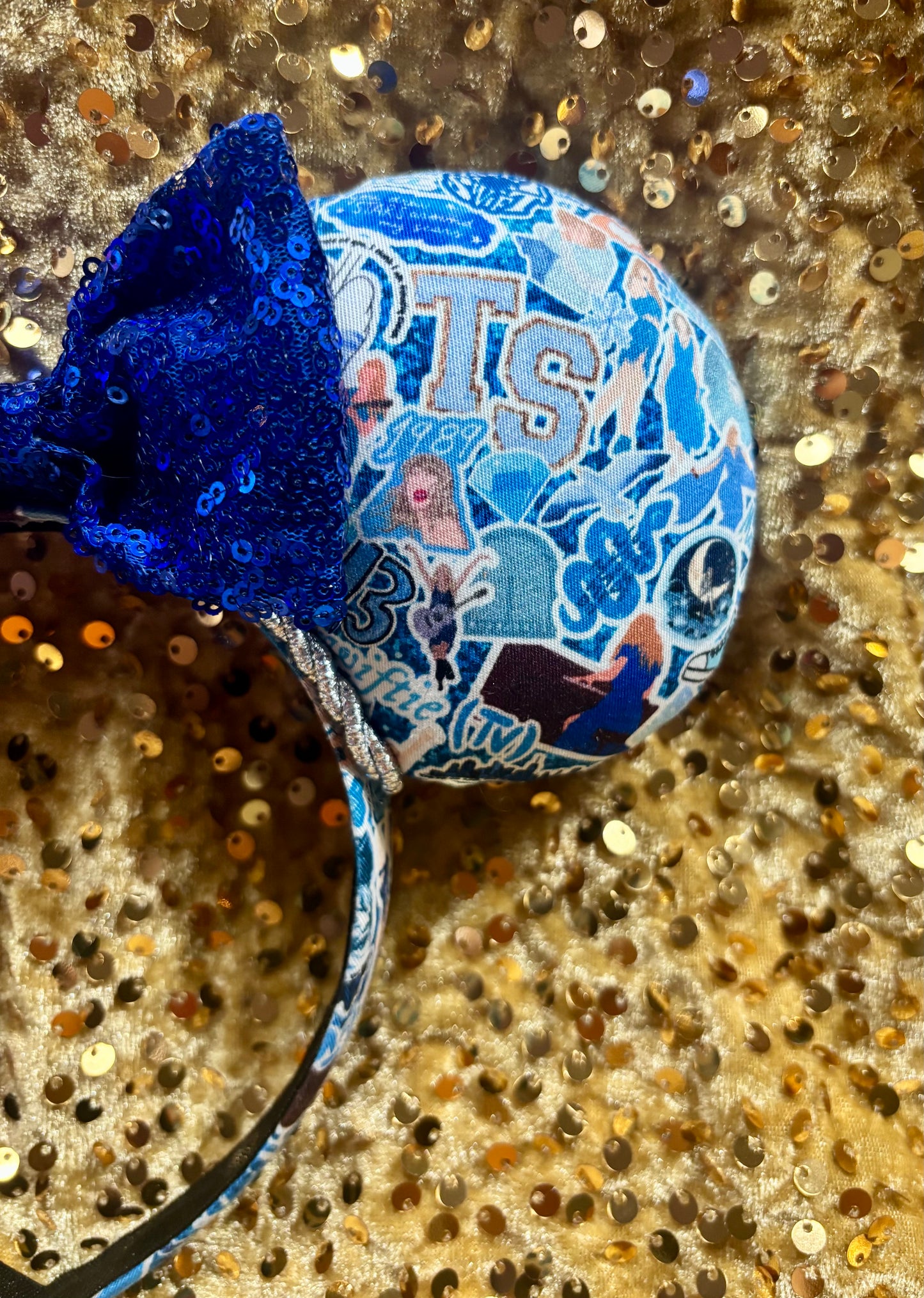 Blue Mouse Ears Headband with Silver Trim & Sequin Bow