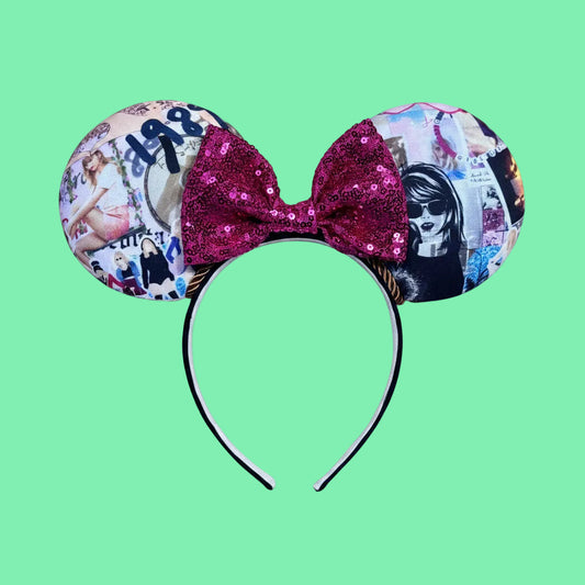 Colorful Handmade mouse ears with a hot pink sequin bow, twisted trim and on a black poly cotton elastic wrapped headband that is universal sized. Handmade and ready to ship.