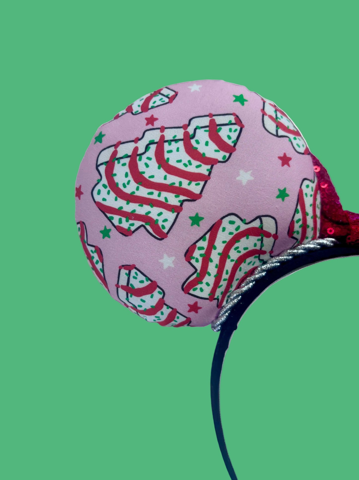 Handmade and ready to ship. Back left closeup view of the Christmas cake fabric and mouse ear.