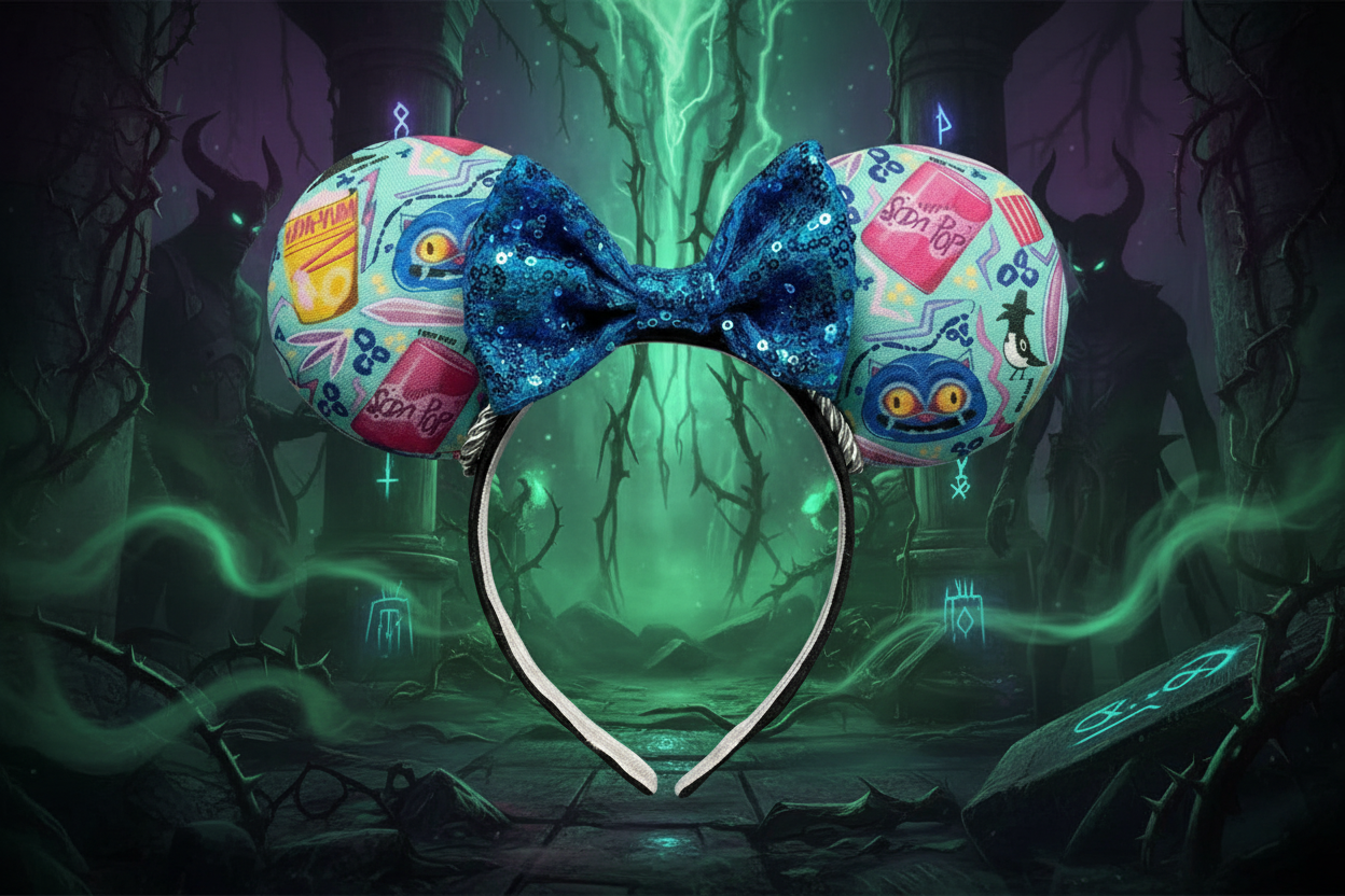 Colorful headband with decorative elements from Kpop Demon show with sequin bow and trusted trim. Shown on a dark, mystical background