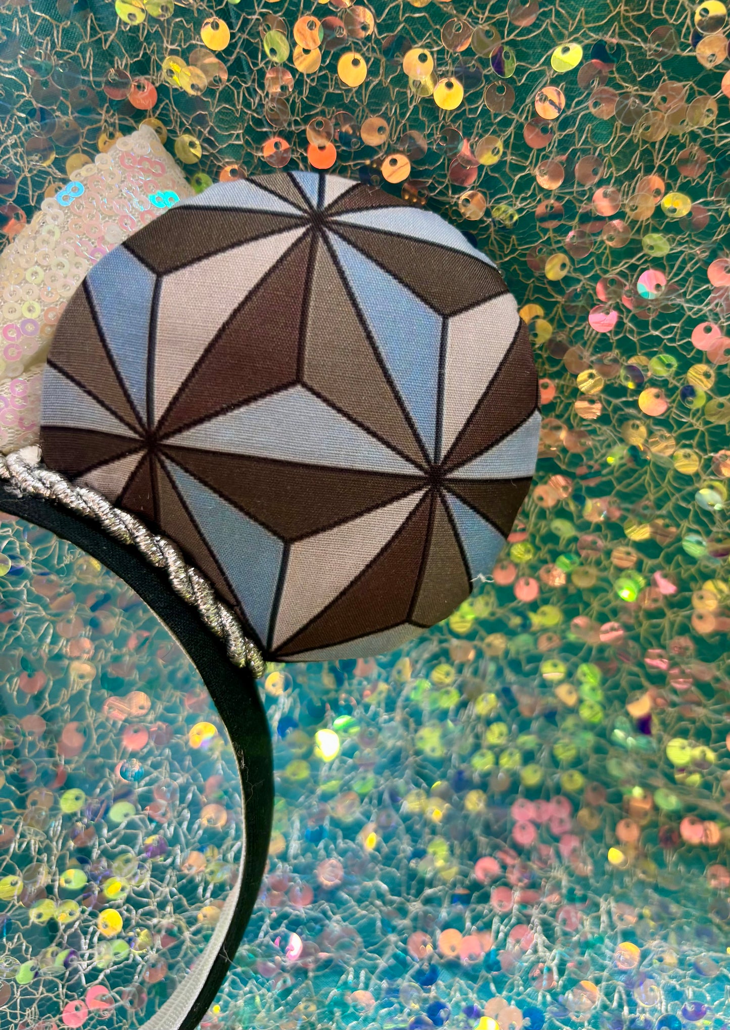 Epcot Inspired Mouse Ears | Handmade Spaceship Earth Disney Headband with Iridescent Sequin Bow