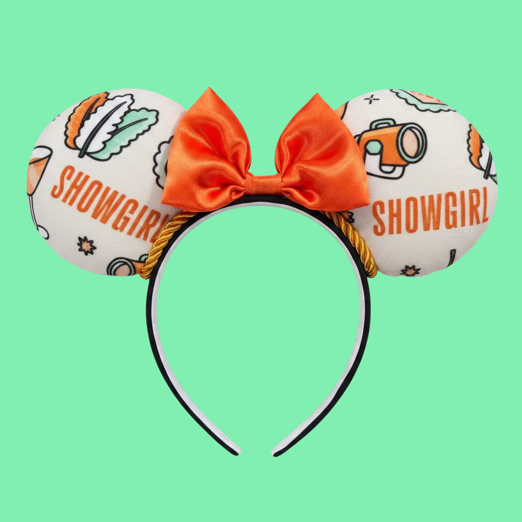 Mouse ears with an orange bow and 'Showgirl' text. Made and ready to ship.