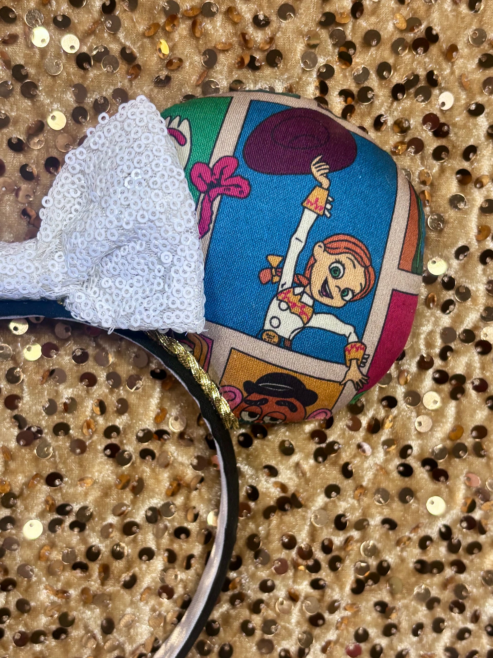 Right front view of Jessie on the ear. Handmade and ready to ship.