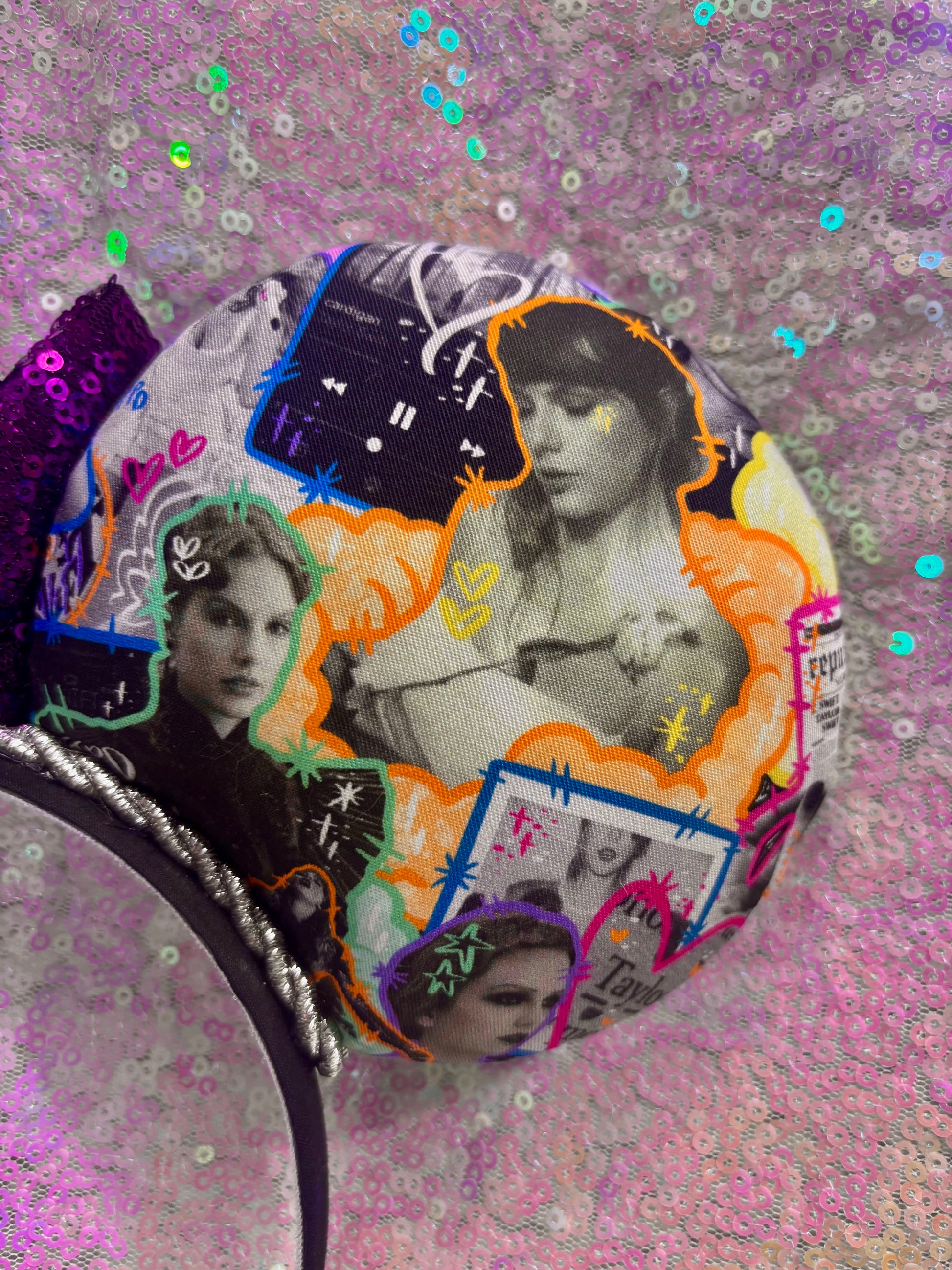Handmade and ready to ship. Fabric images inspired by Tay and the fortnight video is on the front and back with a purple sequin bow. Shown on a white background.
