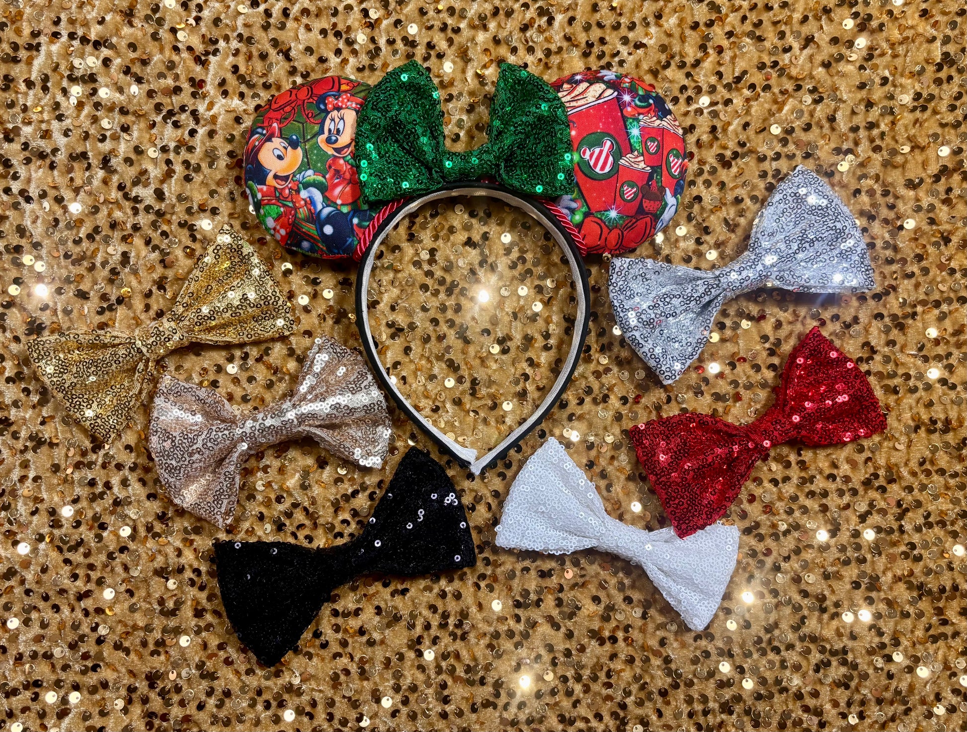 Handmade and ready to ship mouse ears with Cartoon characters and coffee cups on the fabric front and back. Set and handstitched to a universal sized headband. Default bow is green, but you can write a note and request any other color if you prefer.
