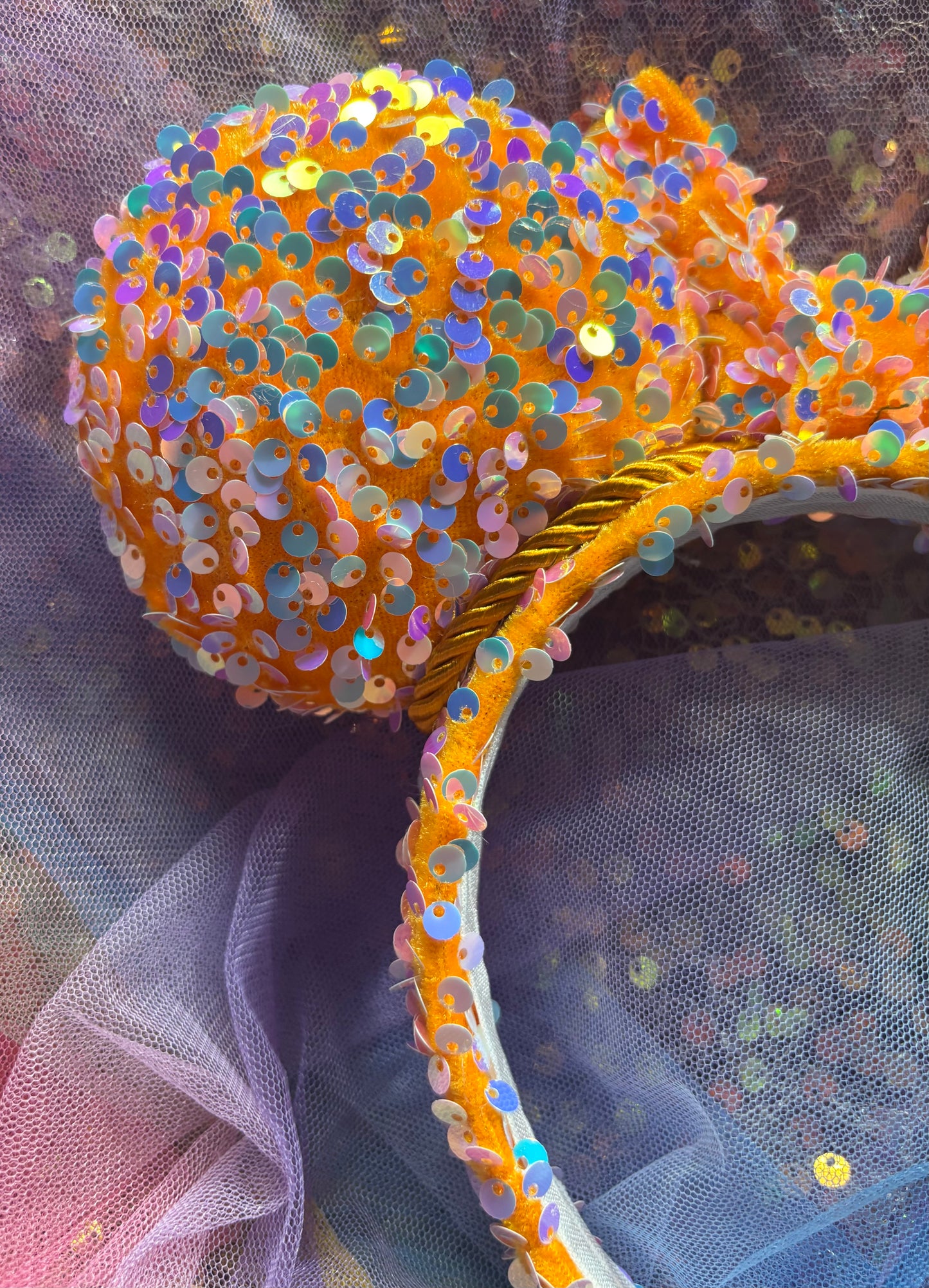 Orange Velvet & Mint Sequin Mouse Ears | Showgirl Era Deluxe Theme Park Headband