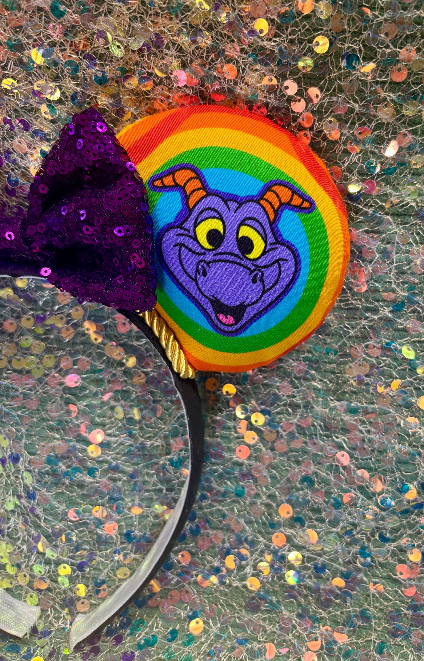 Figment Inspired Mouse Ears | Purple & Yellow Epcot Dragon Headband with Sequin Bow