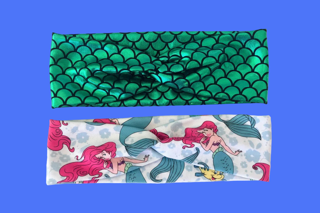 Two soft cotton Lycra headwrap headbands with different designs. Made and ready to ship. 