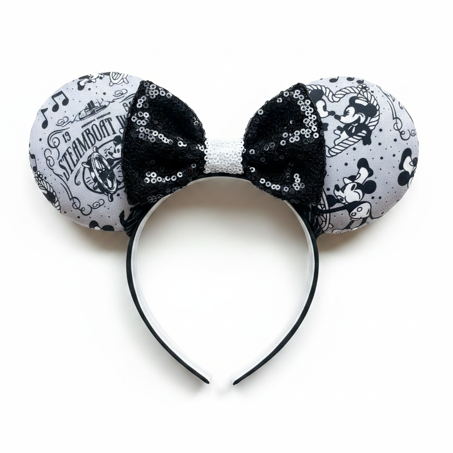Handmade and ready to ship Steamboat Mouse ears with a beautiful black with white middles sequin bow. Of course, you can request any bow in sequins if you prefer and I will attach it. 
