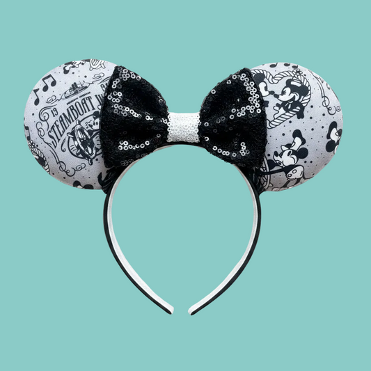 Handmade and ready to ship Steamboat Mouse ears with a beautiful black with white middles sequin bow. Of course, you can request any bow in sequins if you prefer and I will attach it. 