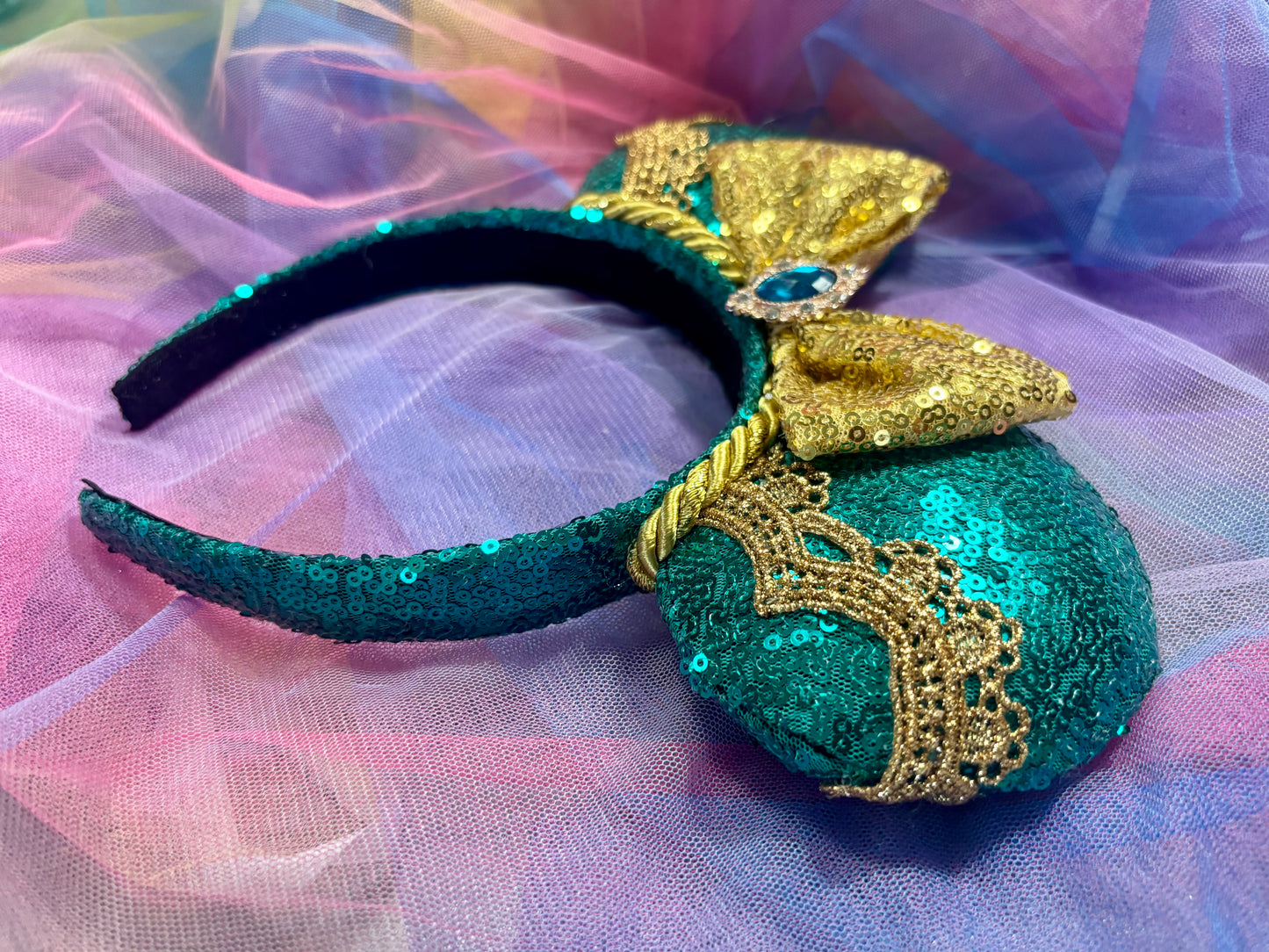 Jasmine Inspired Mouse Ears – Princess Aladdin Handmade Disney Headband | Teal & Gold Sequin Bow