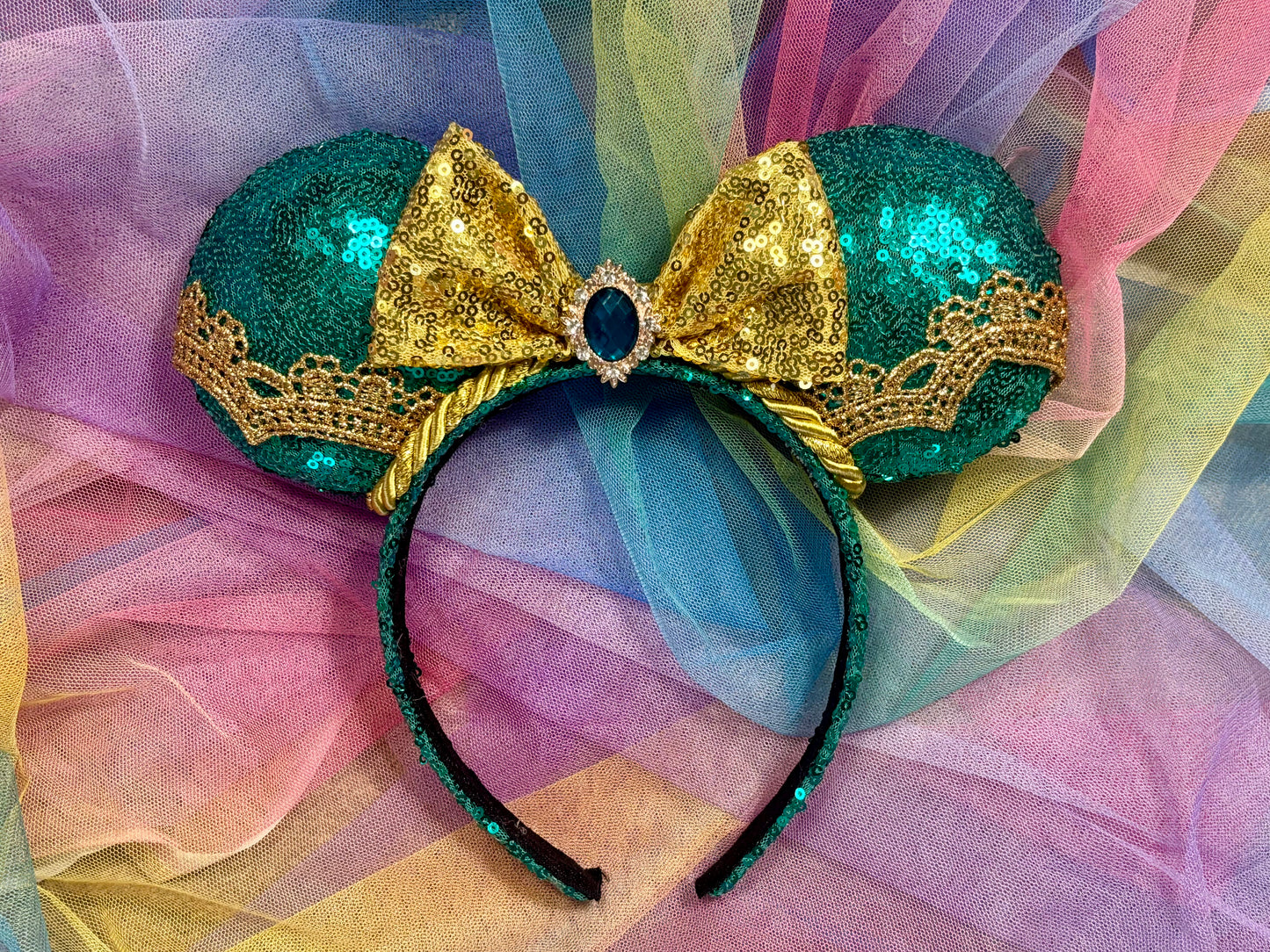 Jasmine Inspired Mouse Ears – Princess Aladdin Handmade Disney Headband | Teal & Gold Sequin Bow