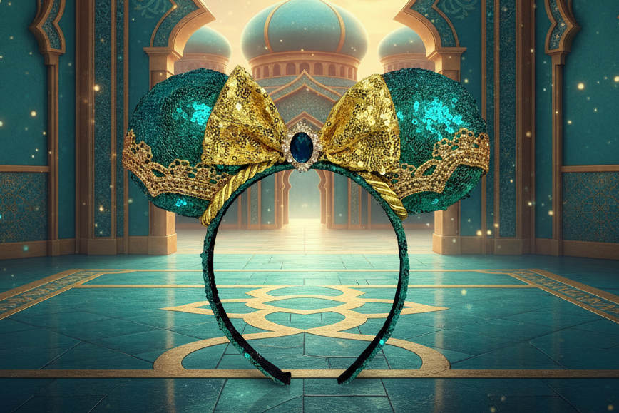 Jasmine inspired mouse ears headband with teal and gold design and gold twisted trim. Shown on a blue tiled floor with architectural background