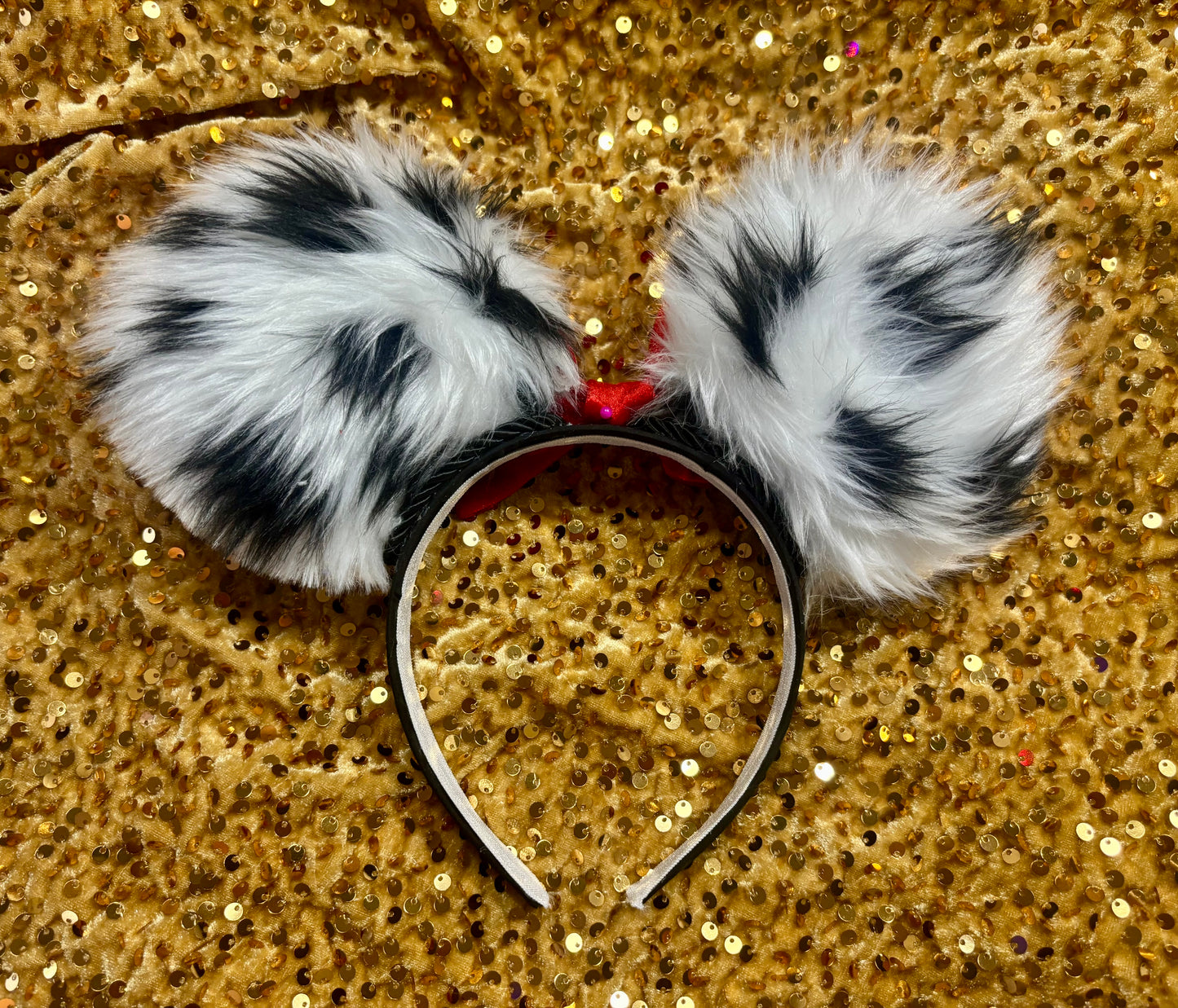Cruella De Vil Inspired Mouse Ears | Black & White Faux Fur Red Bow Theme Park Headband
