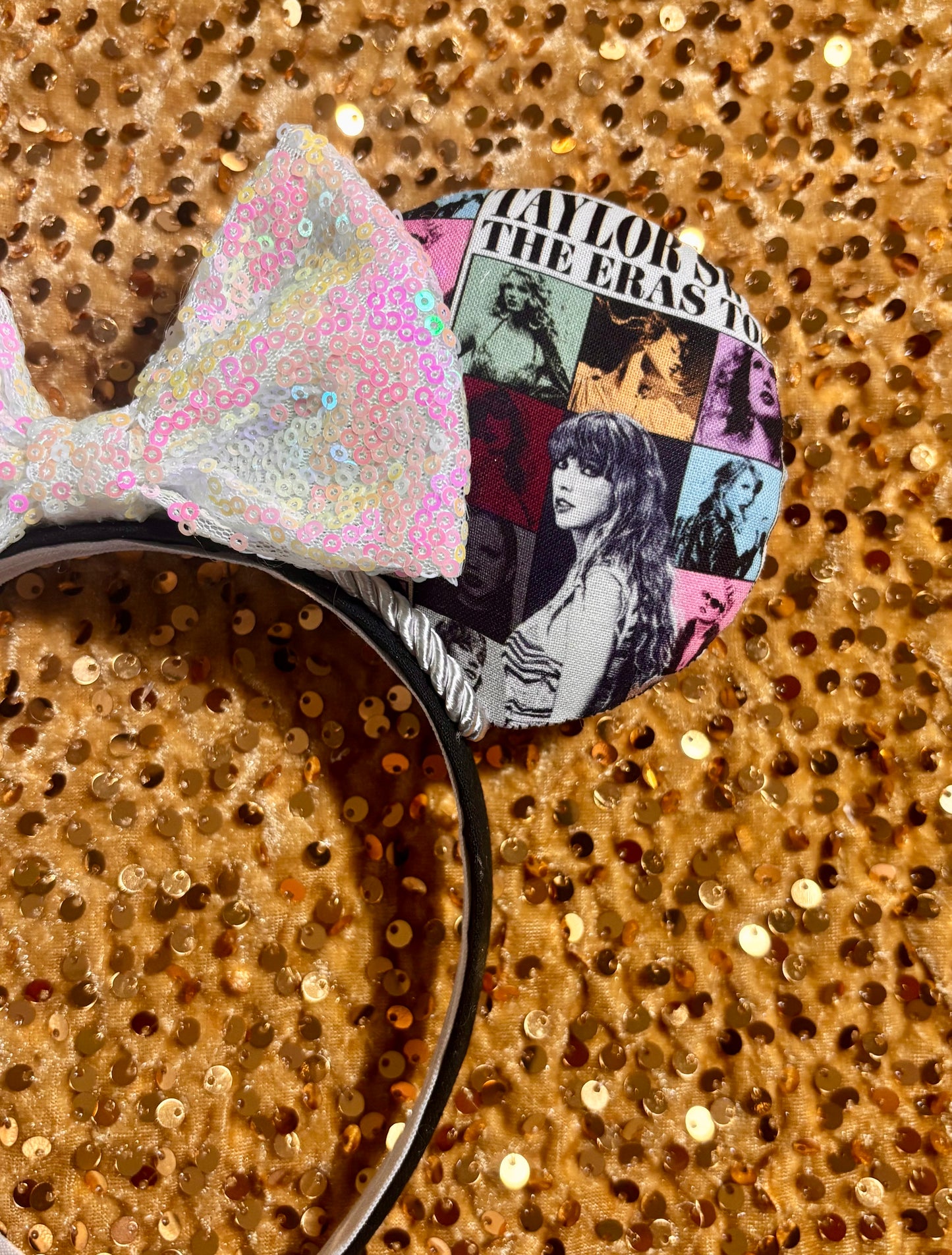 Handmade and ready to ship ERAS EARS with the fabric on both the front and back. On a black universal sized headband. The set has a WHITE IRIDECSENT sequin bow, but you can request any sequin color in your order and I'll attach it.
