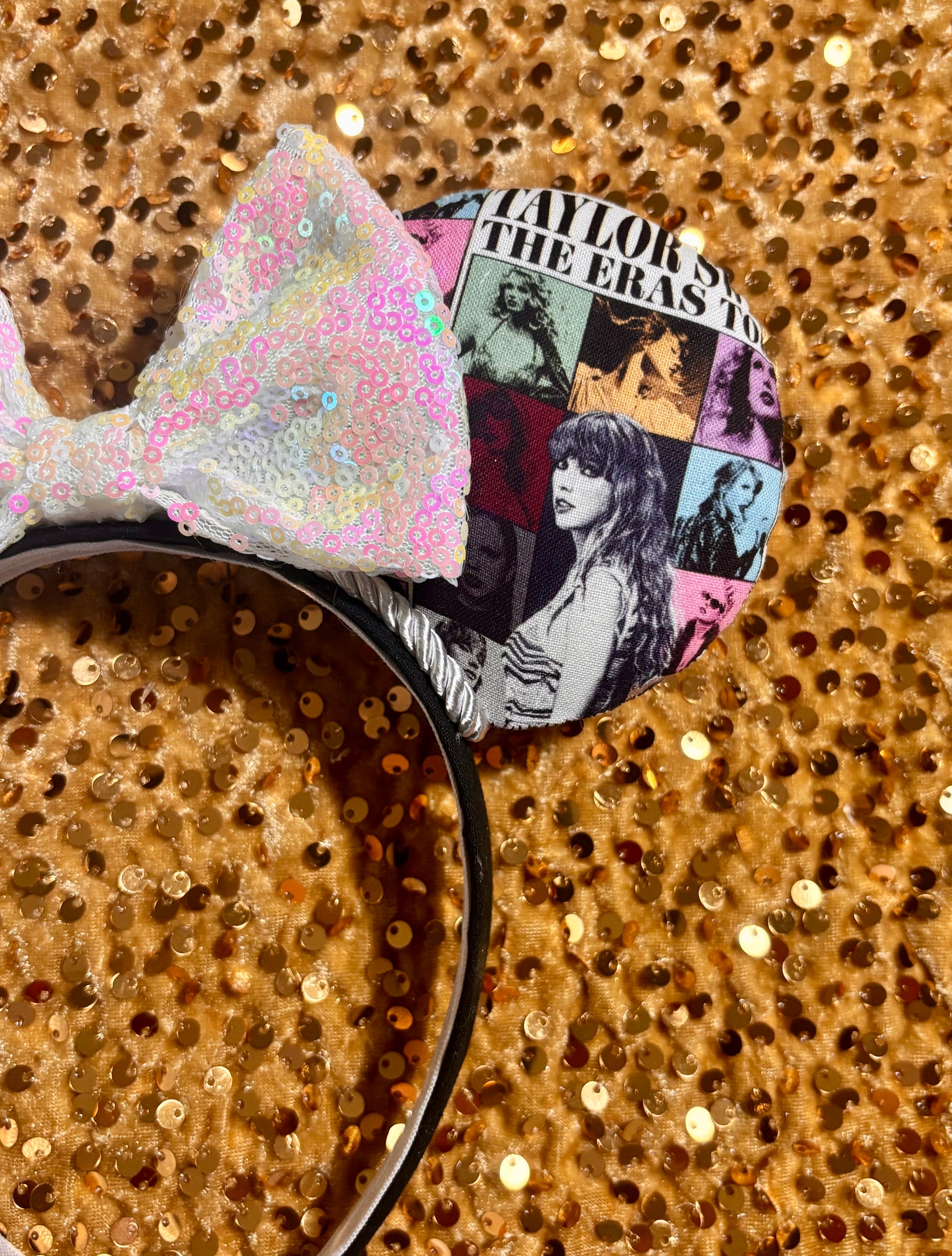 Handmade and ready to ship ERAS EARS with the fabric on both the front and back. On a black universal sized headband. The set has a WHITE IRIDECSENT sequin bow, but you can request any sequin color in your order and I'll attach it.
