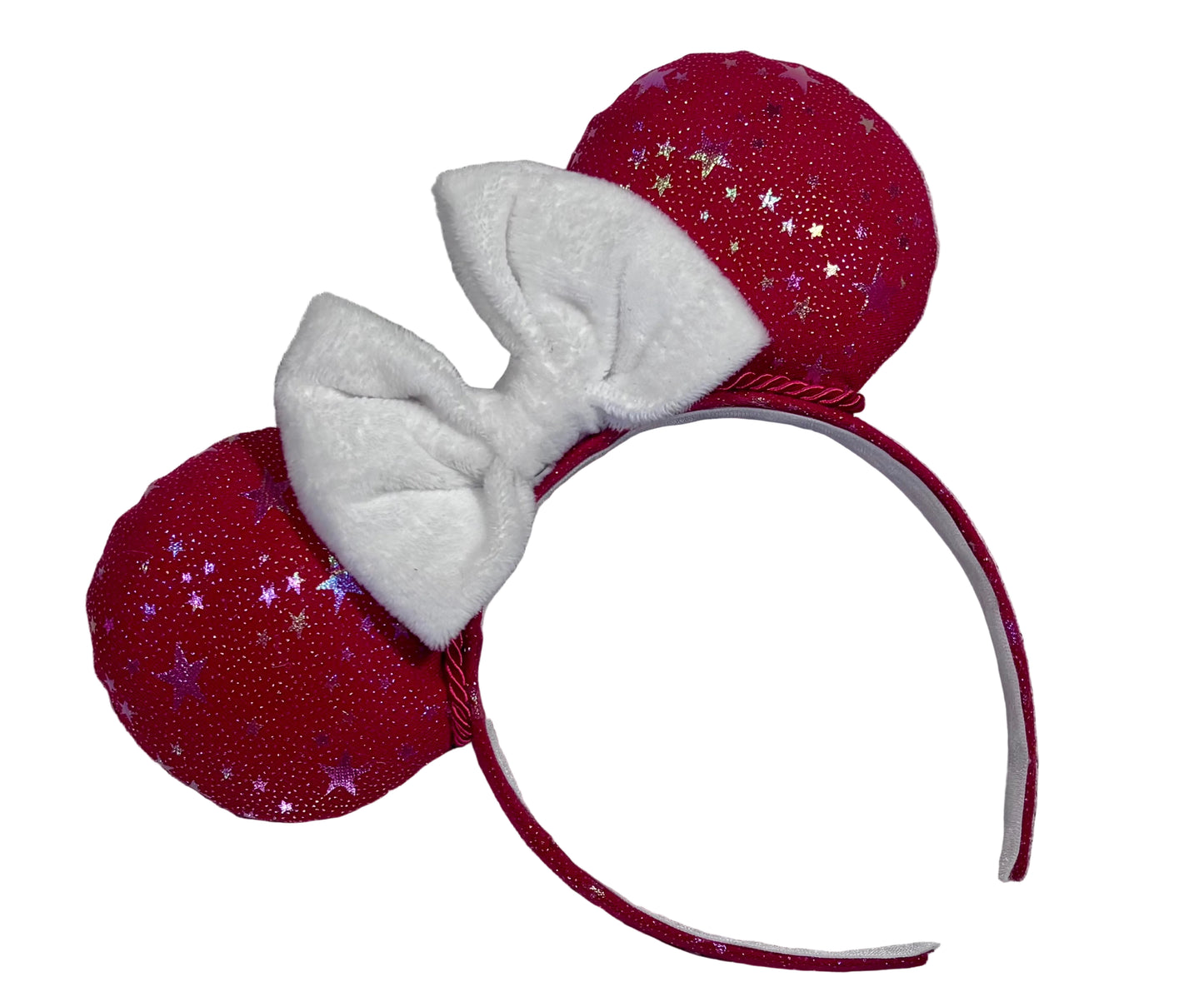 Handmade and ready to ship red mouse ears with iridescent stars on both the front and back along with the headband as well. The set has a white soft bow. Item is shown on a white background.