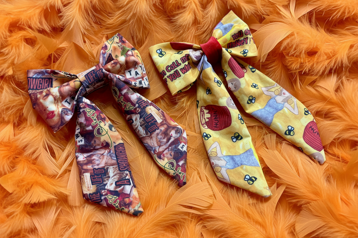 Two colorful hairbows. One in a Pooh and Swiftie mashup and another bow is Showgirl Era themed shown on an orange feathered surface