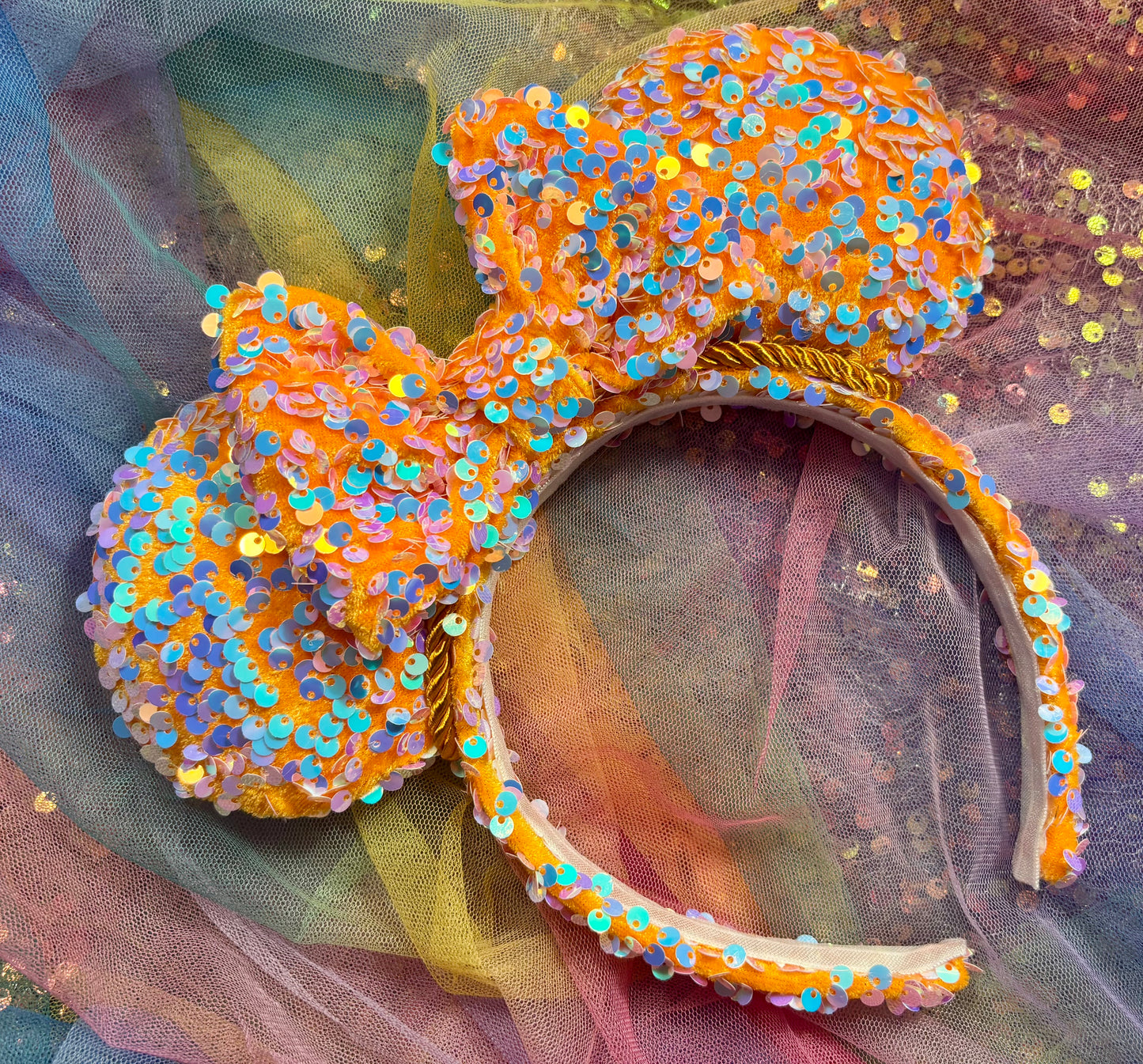 Orange Velvet & Mint Sequin Mouse Ears | Showgirl Era Deluxe Theme Park Headband