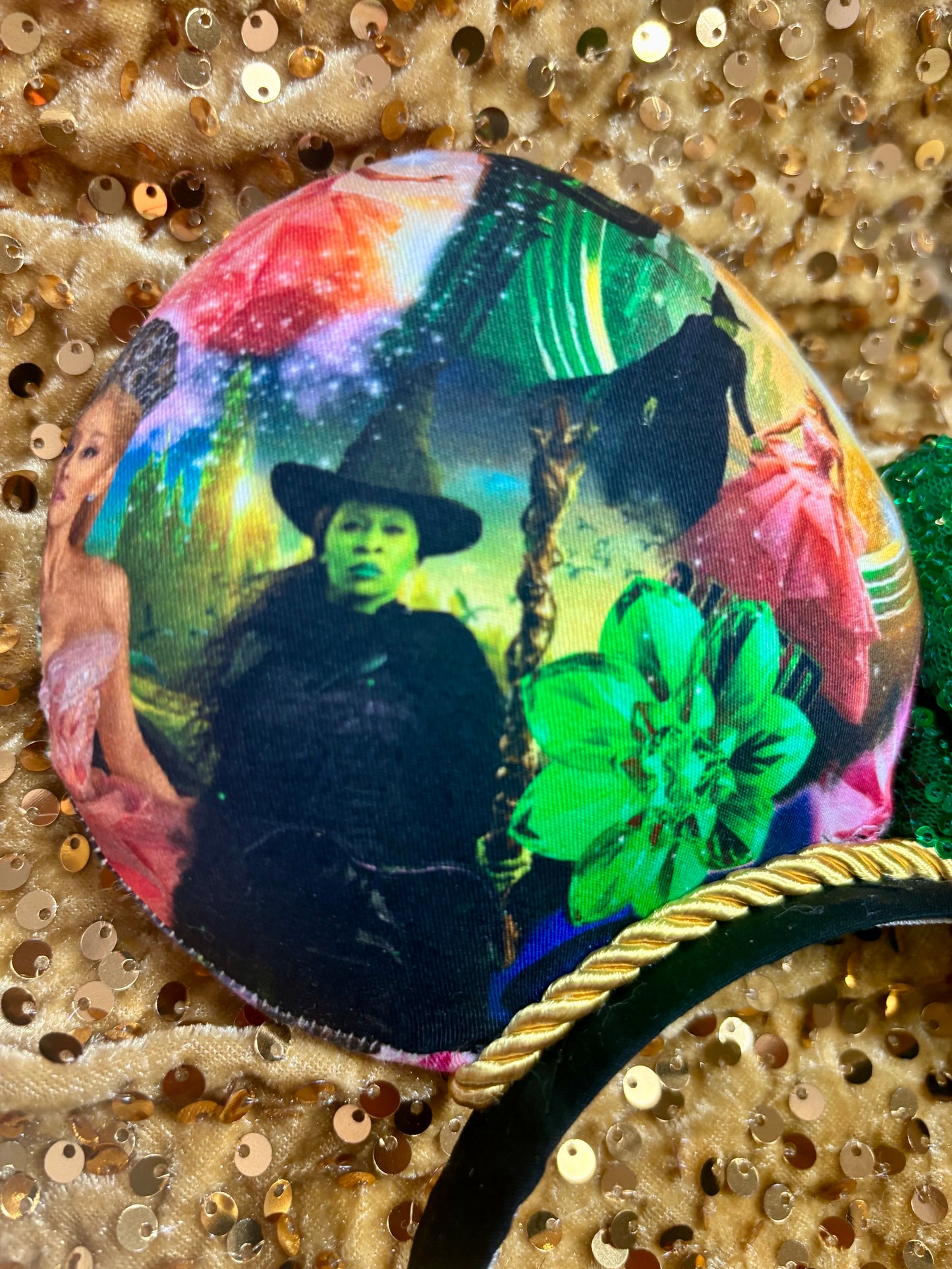 Defying Gravity Mouse Ears – Wicked Inspired Handmade Disney Headband | Green Sequin Bow.