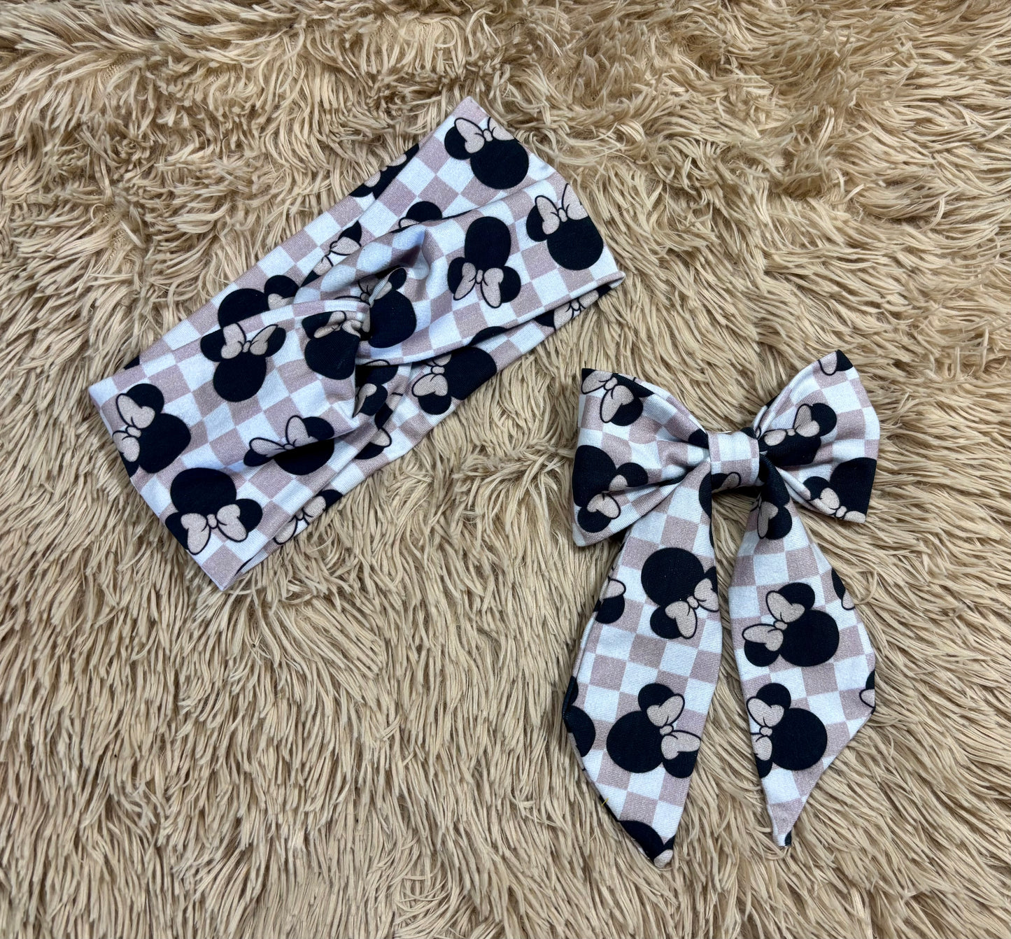 Checkered Mouse Twisted Headwrap and Hairbow Bundle