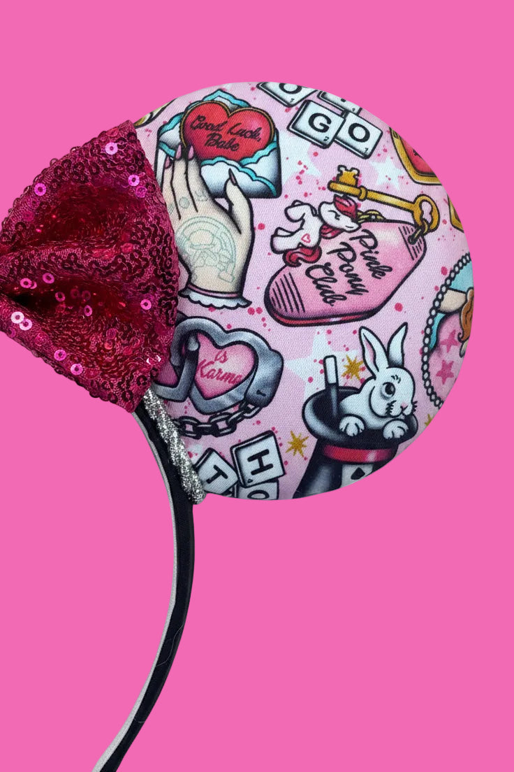 Close up of the front mouse ear with Chappell related images on it. Handmade and ready to ship.