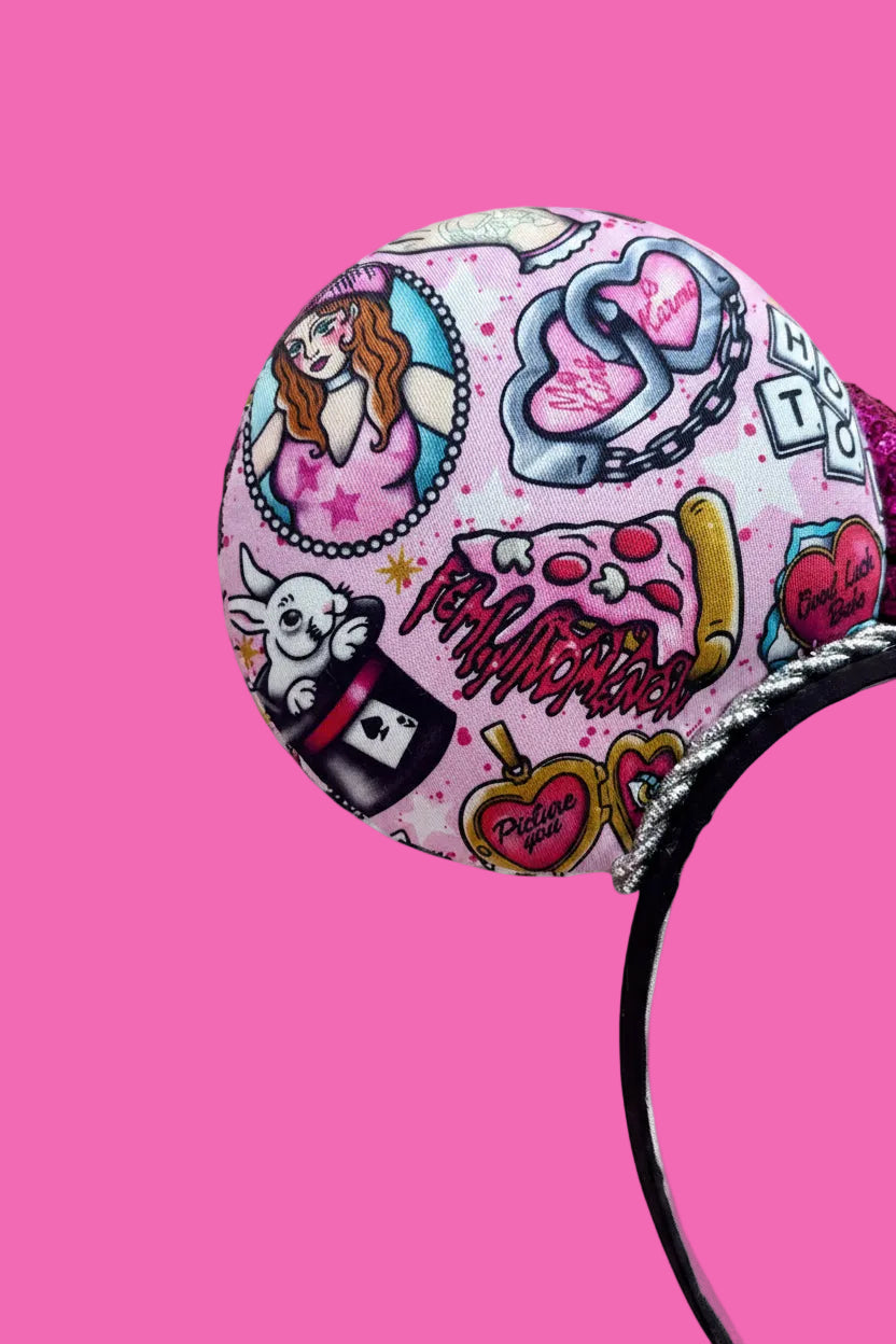Pink handmade Chappell inspired mouse ears with cartoon character designs. Made and ready to ship