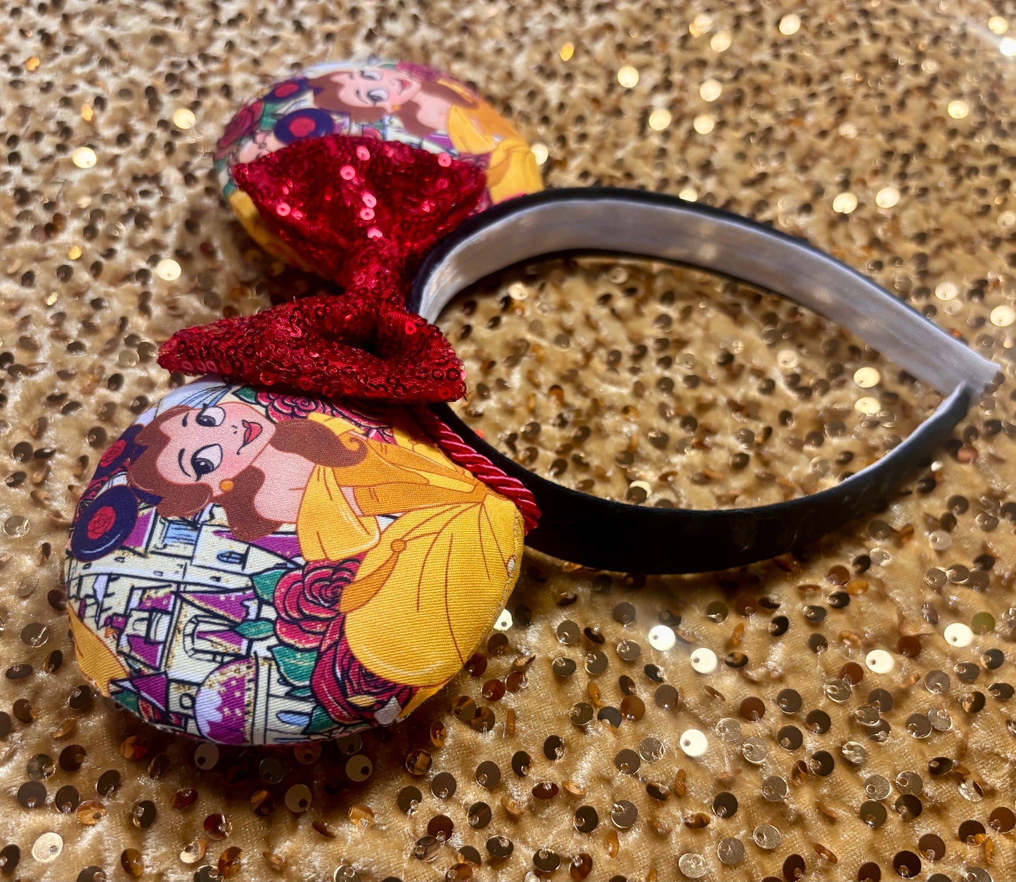 Belle from Beauty and the Beast-themed headband with Belle wearing mouse ears with red twisted trim and a red sequin bow. Handmade and ready to ship. 