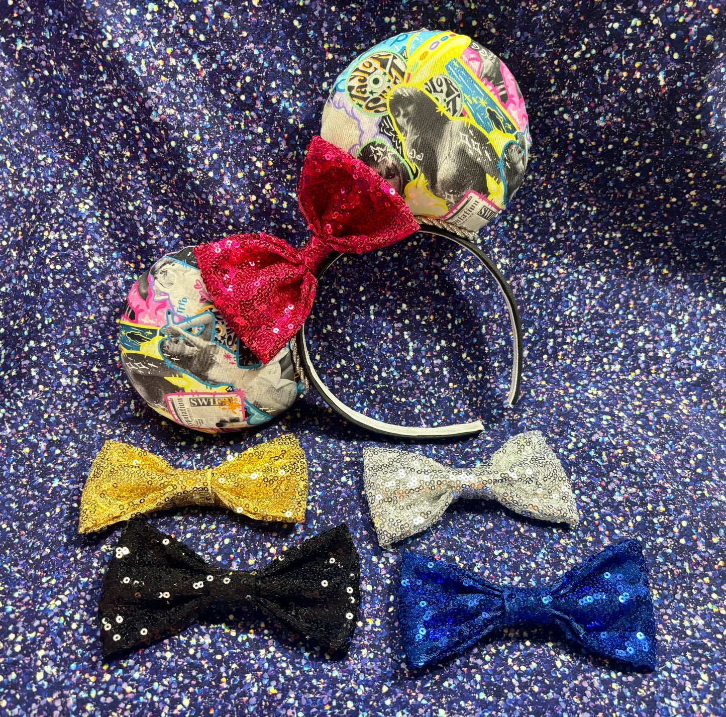 Neon Fortnight Mouse Ears - Taylor Swift Inspired Headband with Blue Sequin Bow