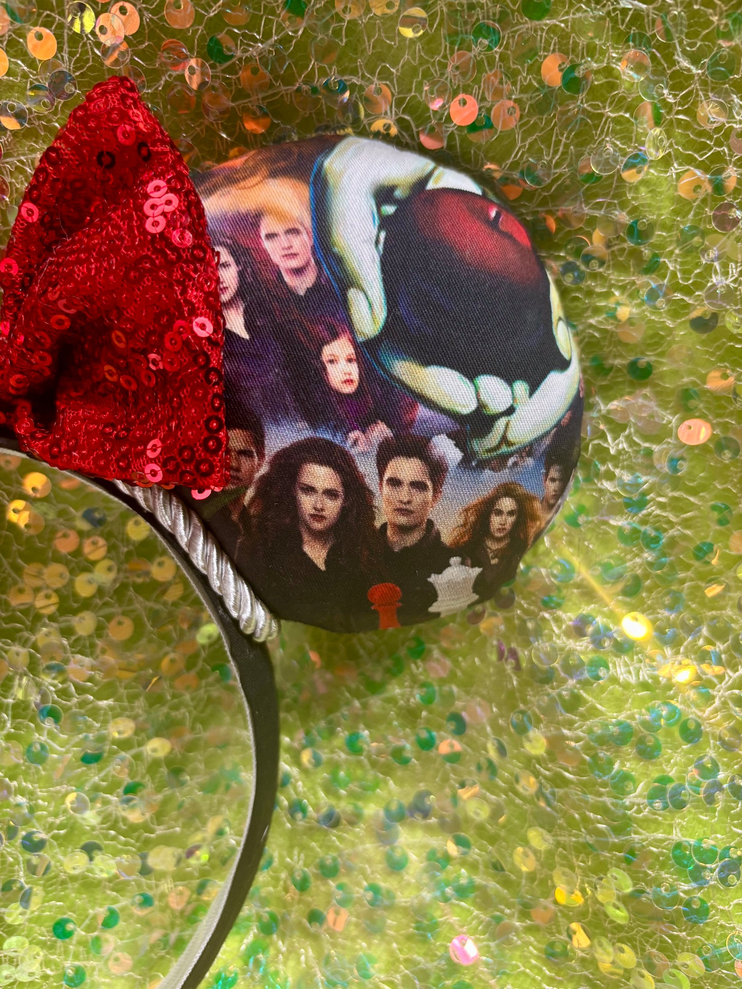 Twilight Inspired Mouse Ears - Handmade Disney Headband with Red Sequin Bow