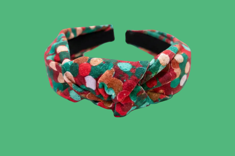 Colorful Christmas color dots patterned headband. Made and ready to ship. 