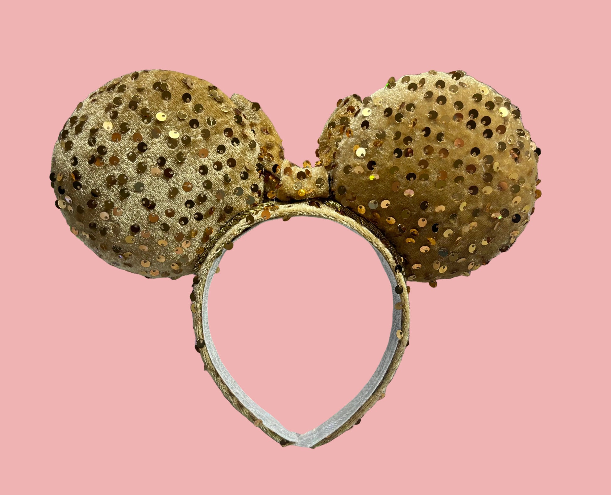 Handmade and ready to ship. These are golden velvet sequin mouse ears with a matching bow. Back side view of mouse ears.