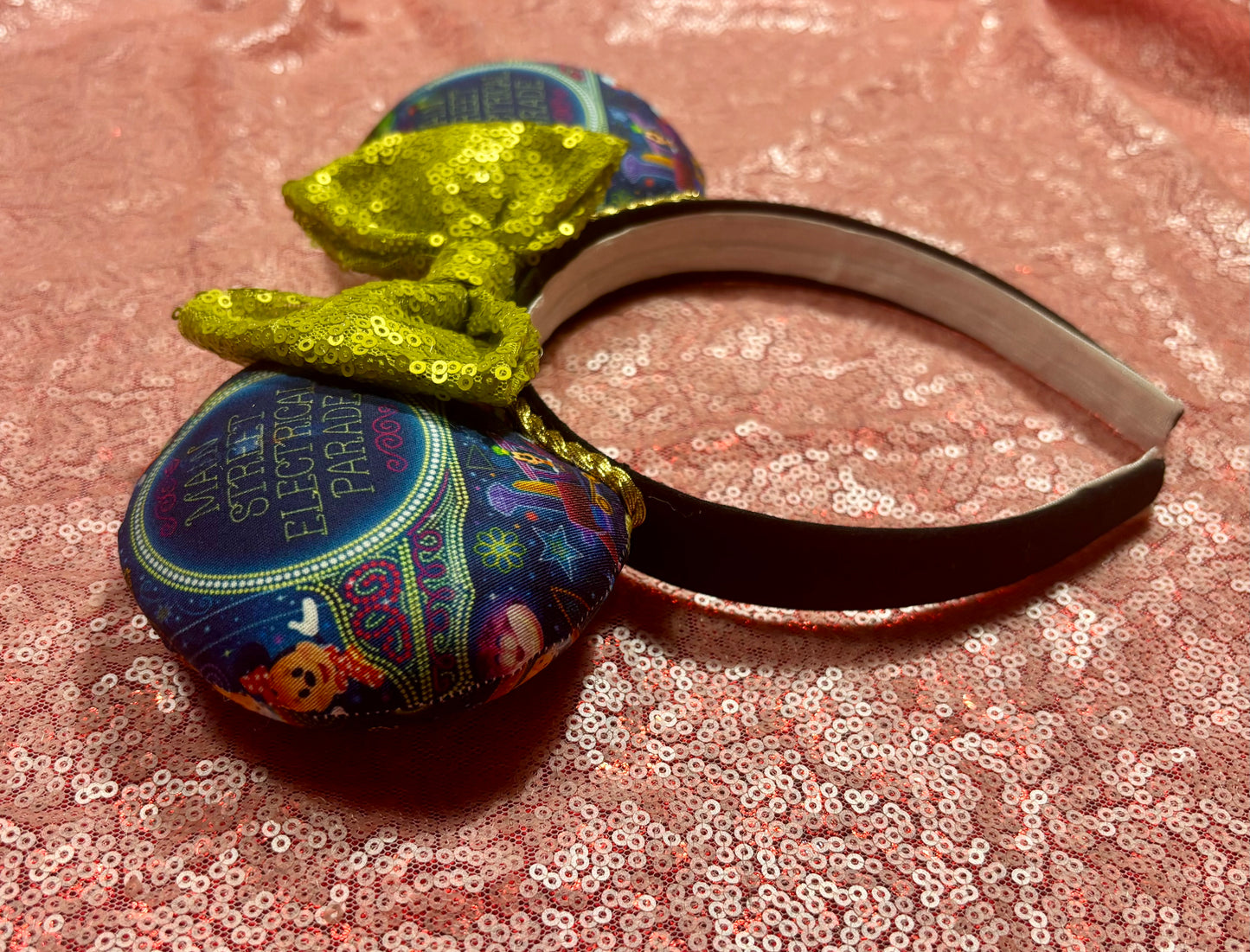 Handmade and ready to ship mouse ears. Mouse ears are on a universal sized poly cotton headband and set comes with a lime green sequin bow. Other colors are available if you leave a note.
