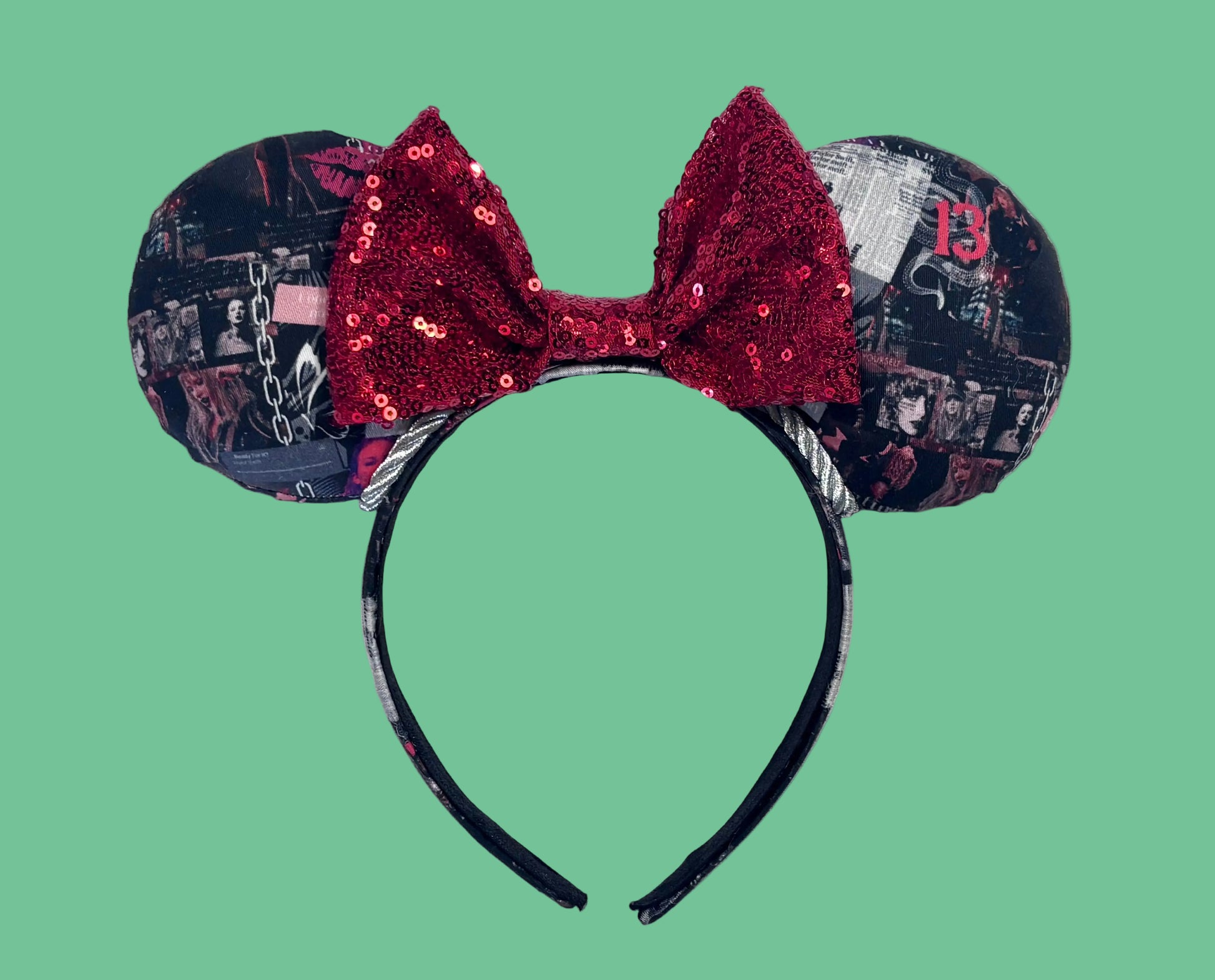 Handmade and ready to ship Rep Era images on the ears and headband. Mouse ears show a red sequin bow. 