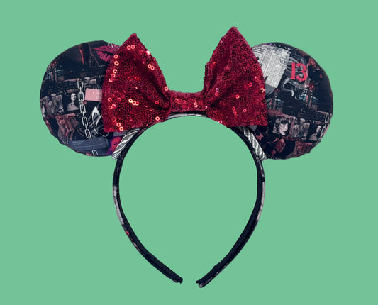 Handmade and ready to ship Rep Era images on the ears and headband. Mouse ears show a red sequin bow. 