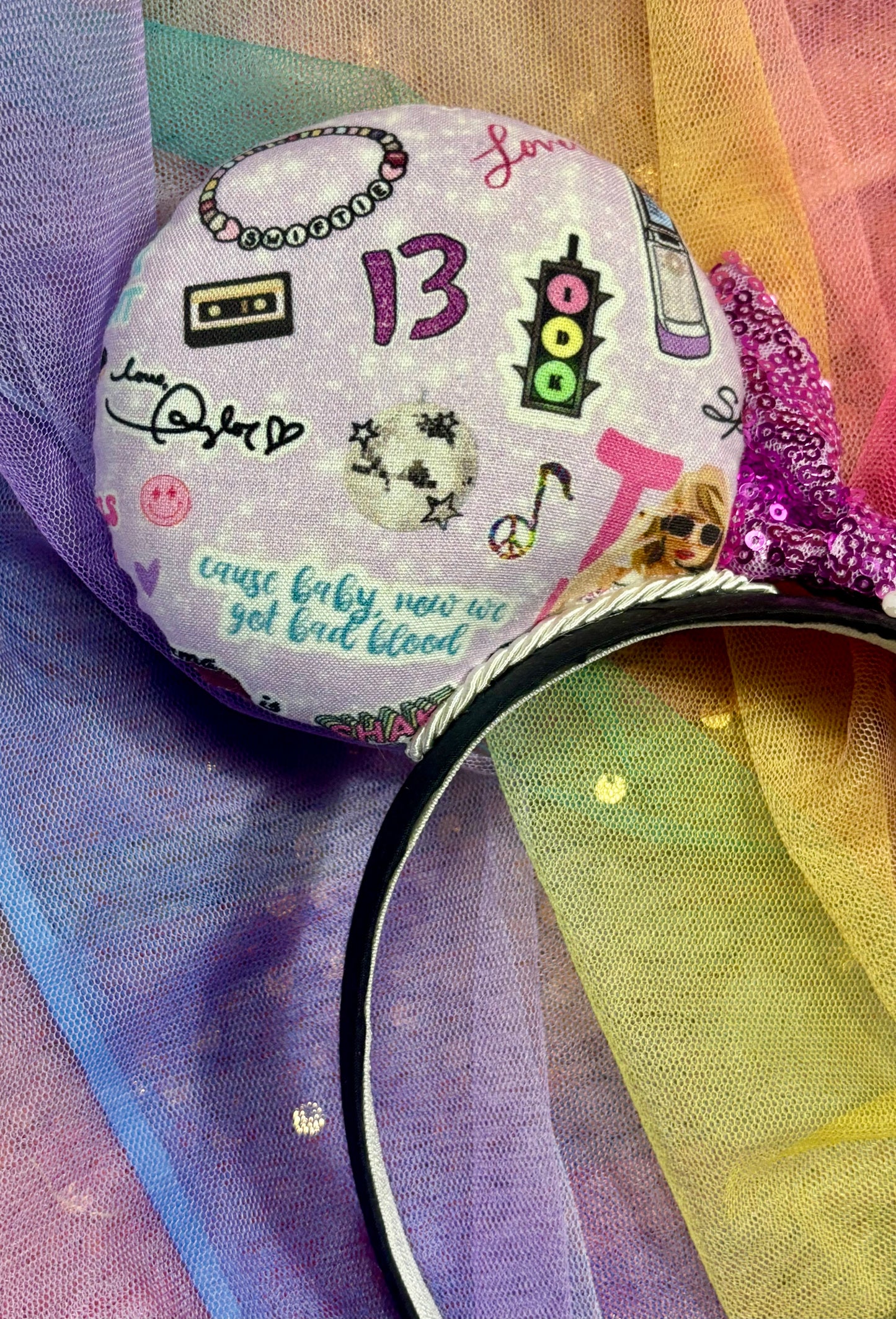 Lilac Taylor Swift Collage Mouse Ears – Handmade Disney-Inspired Headband with Purple Sequin Bow