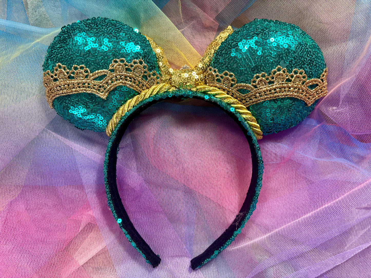 Jasmine Inspired Mouse Ears – Princess Aladdin Handmade Disney Headband | Teal & Gold Sequin Bow