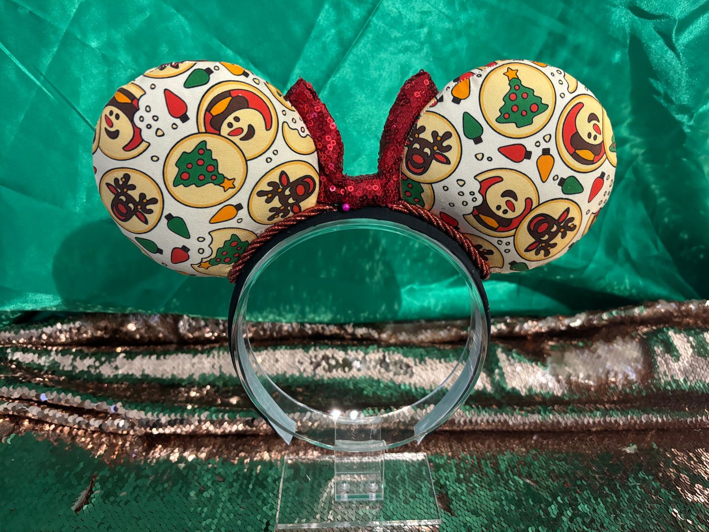 Sugar Cookie Mouse Ears – Handmade Disney-Inspired Christmas Headband with Red Sequin Bow.