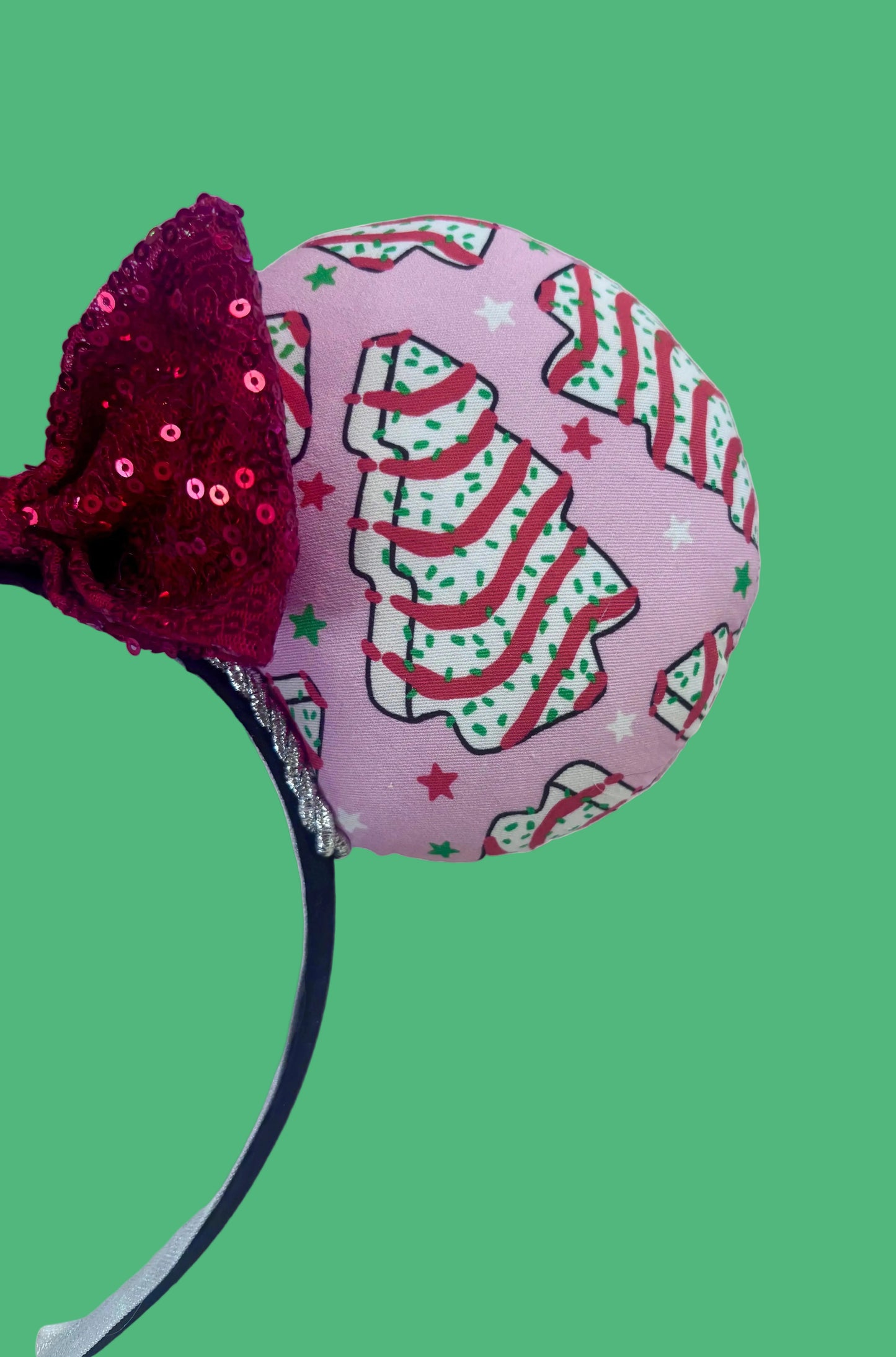 Pink headband with festive cake design and red sequin bow. Made and ready to ship
