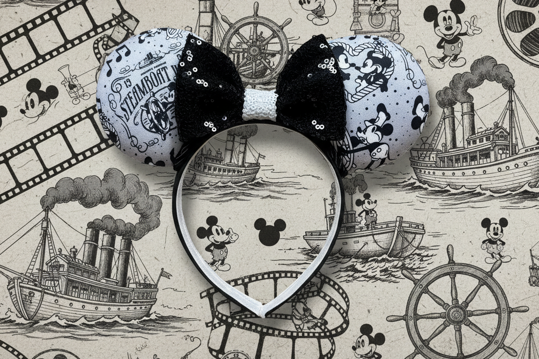 Steamboat mouse inspired Mouse ears with a black sequined bow. Shown on a decorative background with steamboat and Mickey Mouse illustrations.